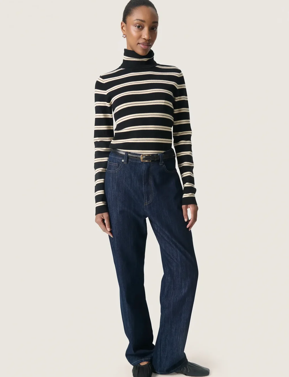 Soaked in Luxury - SLSpina Stri ped Rollneck - kõrge kaelusega kudumid - black w sandshell stripe - 3