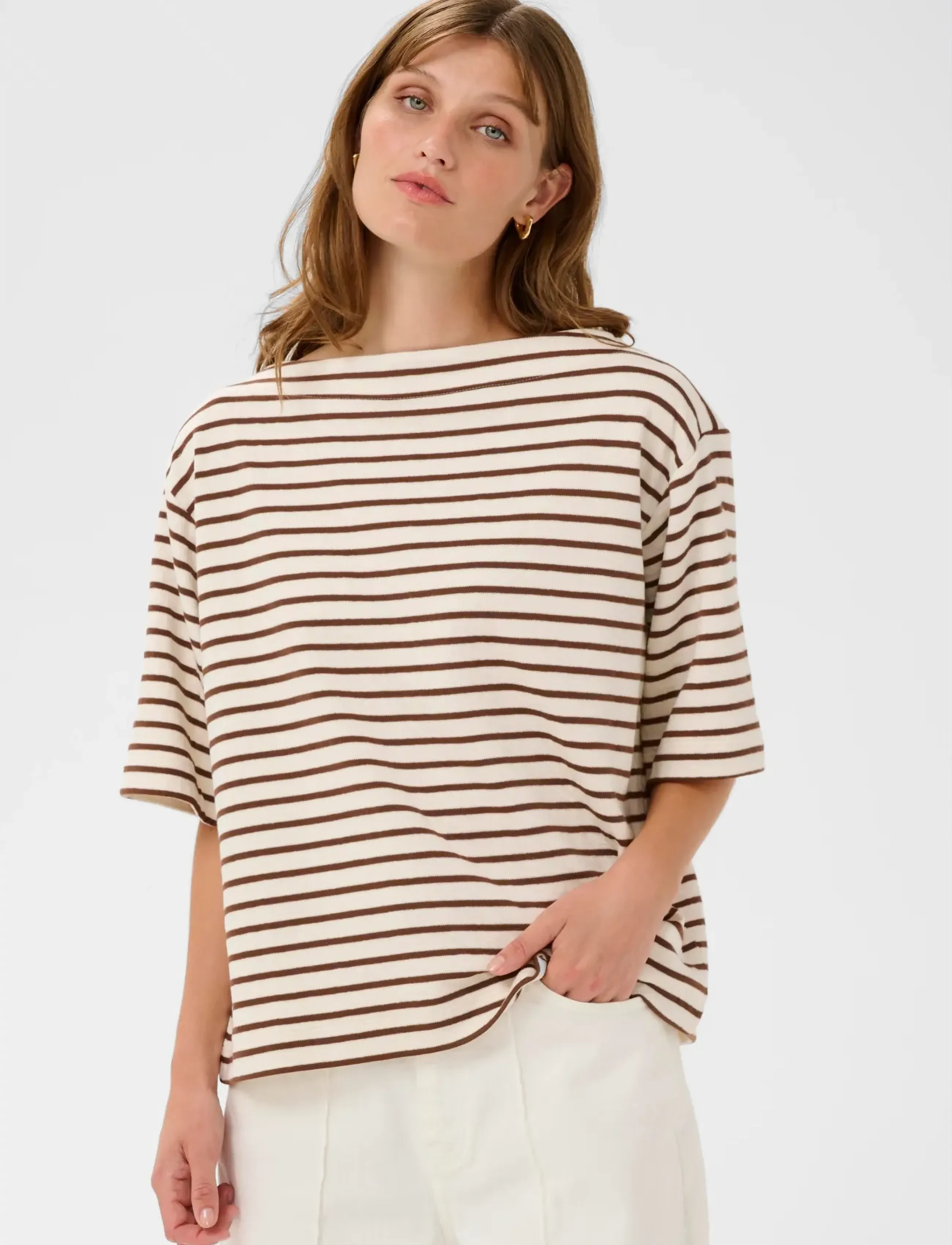 Soaked in Luxury SLIngina Sweatshirt - T-shirts - WHITE AND CAPPUCINO STRIPE / brown