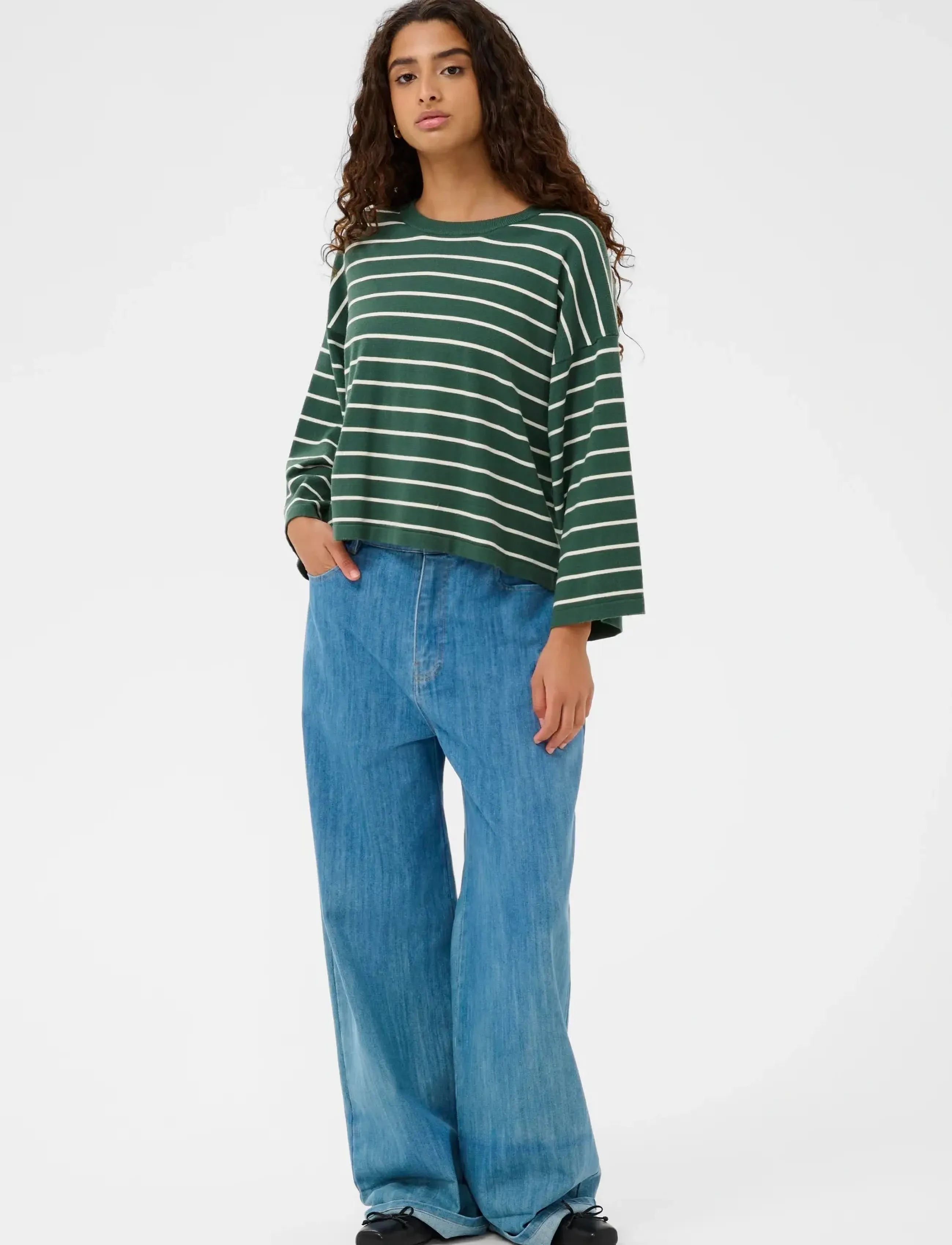Soaked - SLSpina Boxy Pullover Cropped - laveste priser - trekking green w white stripe - 3