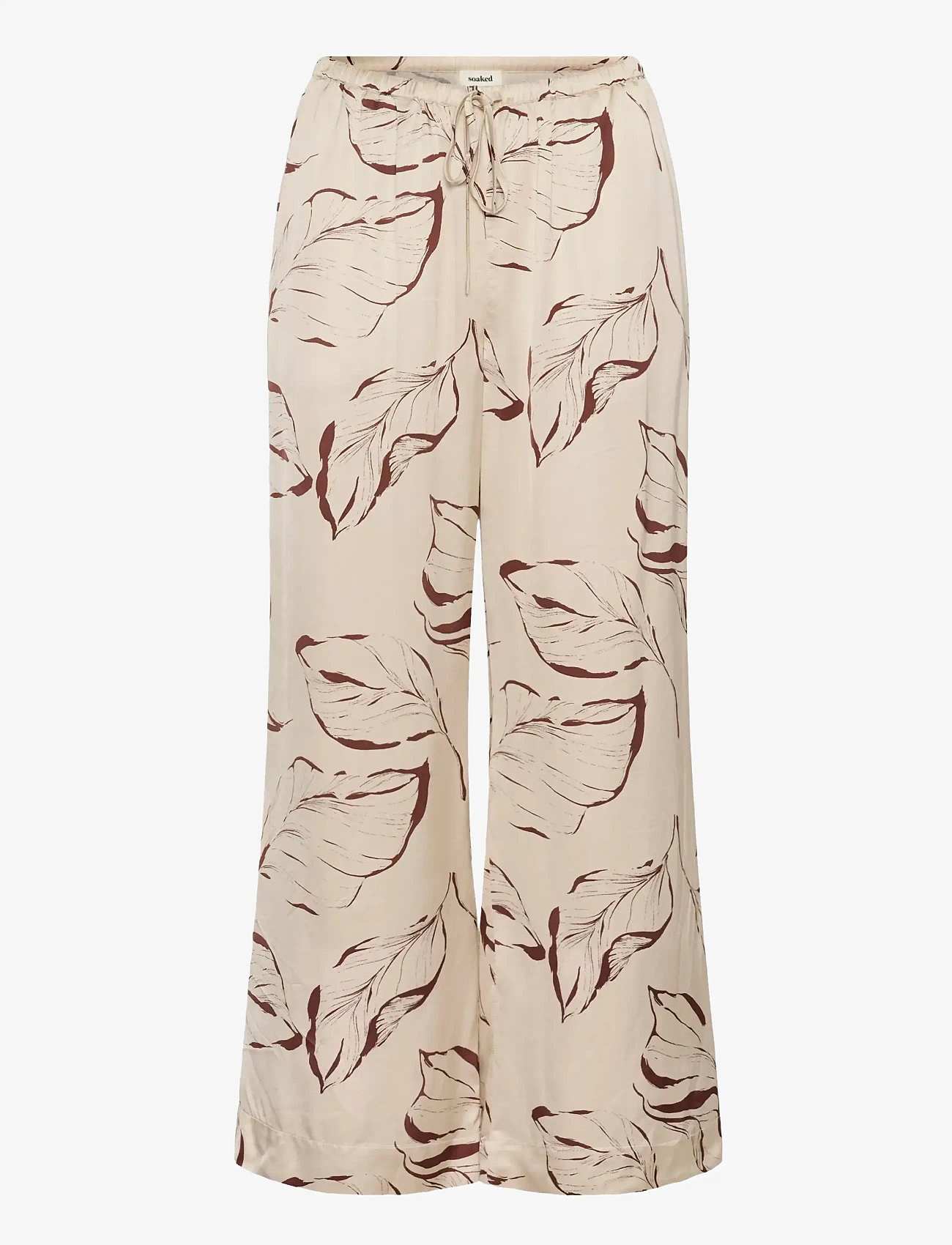 Soaked in Luxury - SLClero Flared Printed Pants - vida byxor - oatmeal leave print - 1
