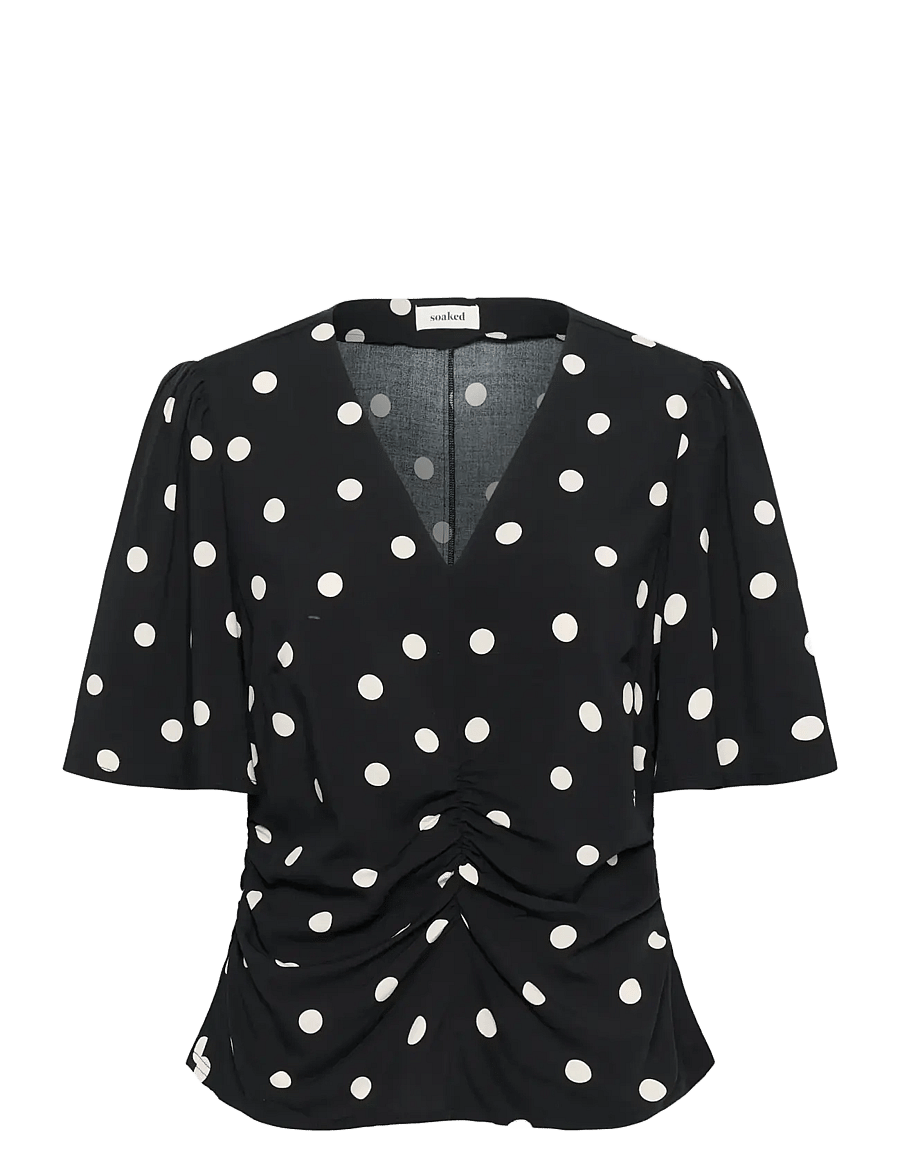 Soaked - SLArjana Ruching Blouse SS - kortærmede bluser - black with oatmeal dot - 1
