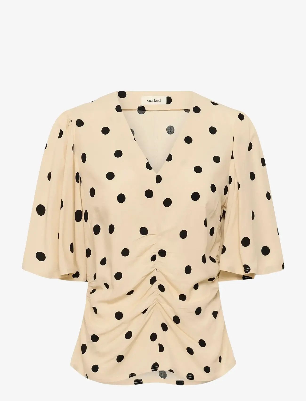 Soaked SLArjana Ruching Blouse SS - Soaked in Luxury - OATMEAL WITH BLACK DOTS / cream