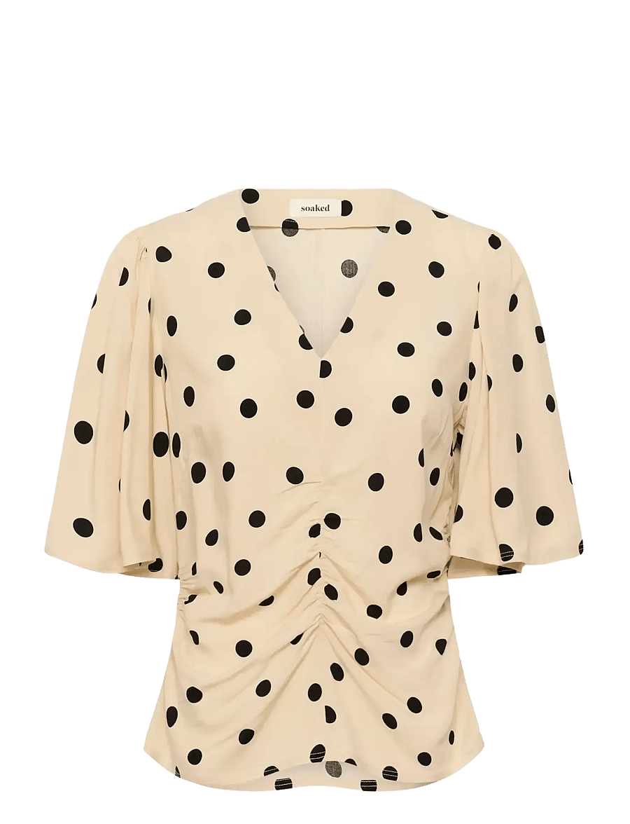 Soaked - SLArjana Ruching Blouse SS - kortærmede bluser - oatmeal with black dots - 1