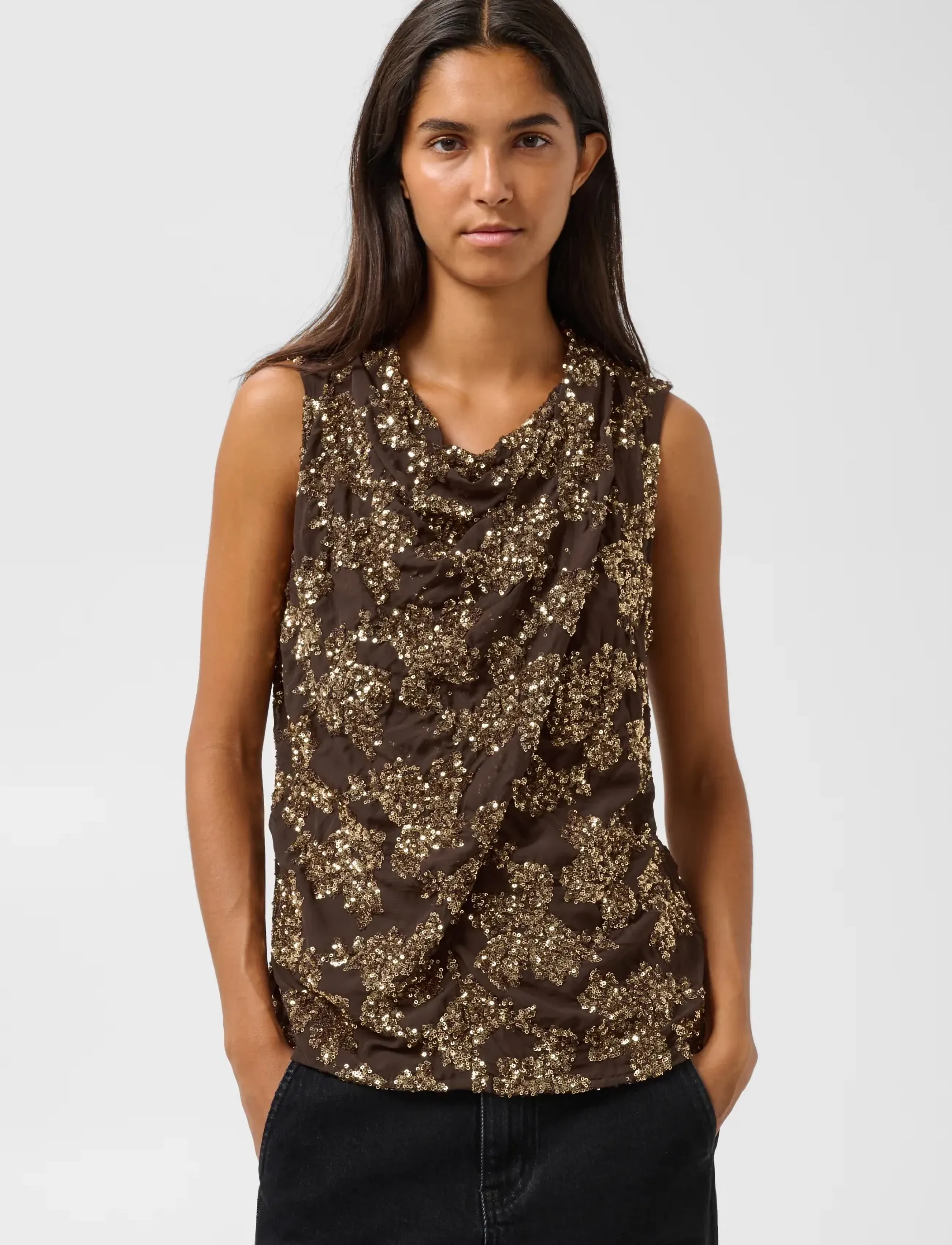 Soaked Slaydea Draped Top, Damen, Drapierte Pailletten Top, Braun, Gr.M