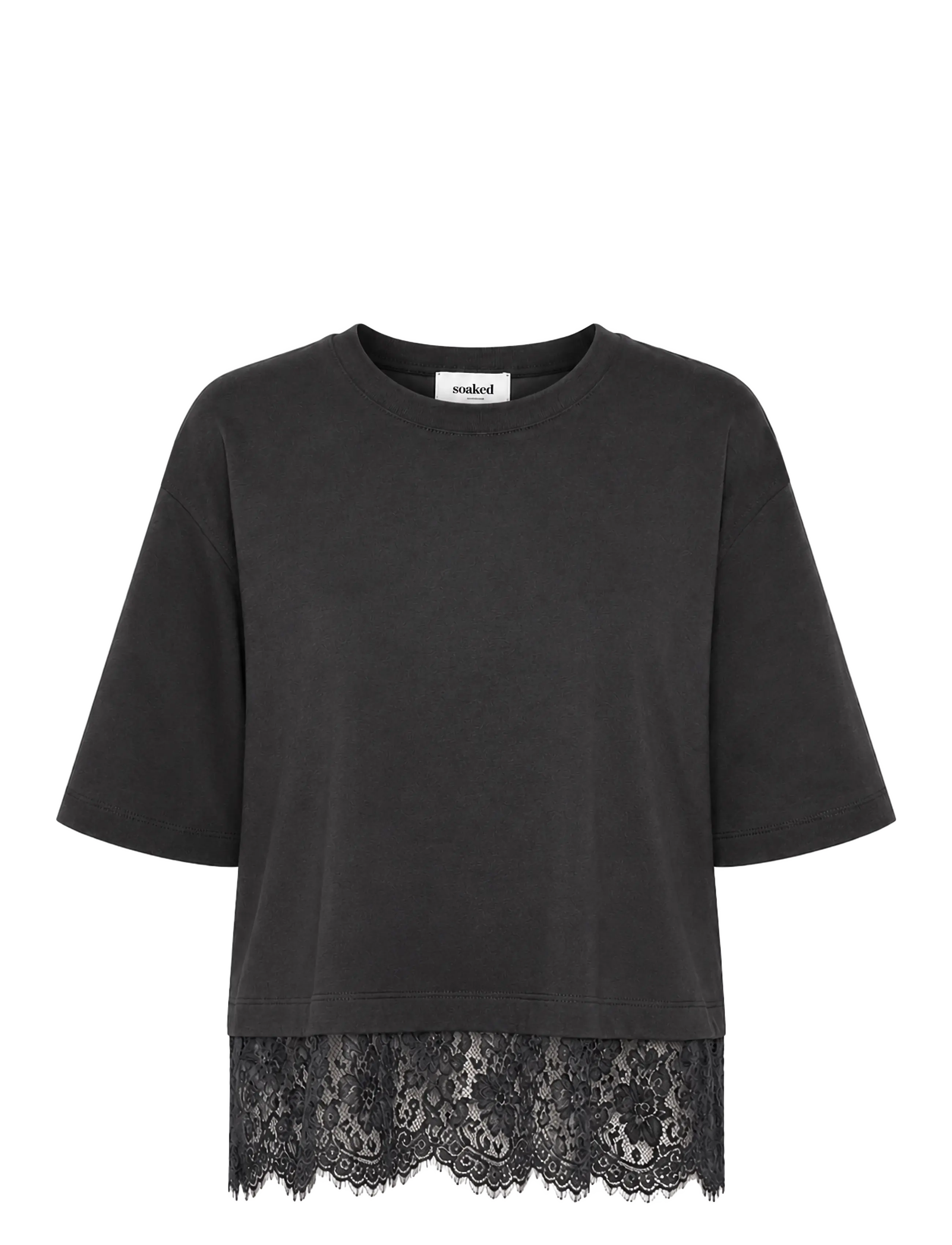 Soaked Sljina Lace Tee Short, Kvinder, Kortærmet Blonde T-shirt, Sort, Str: XS