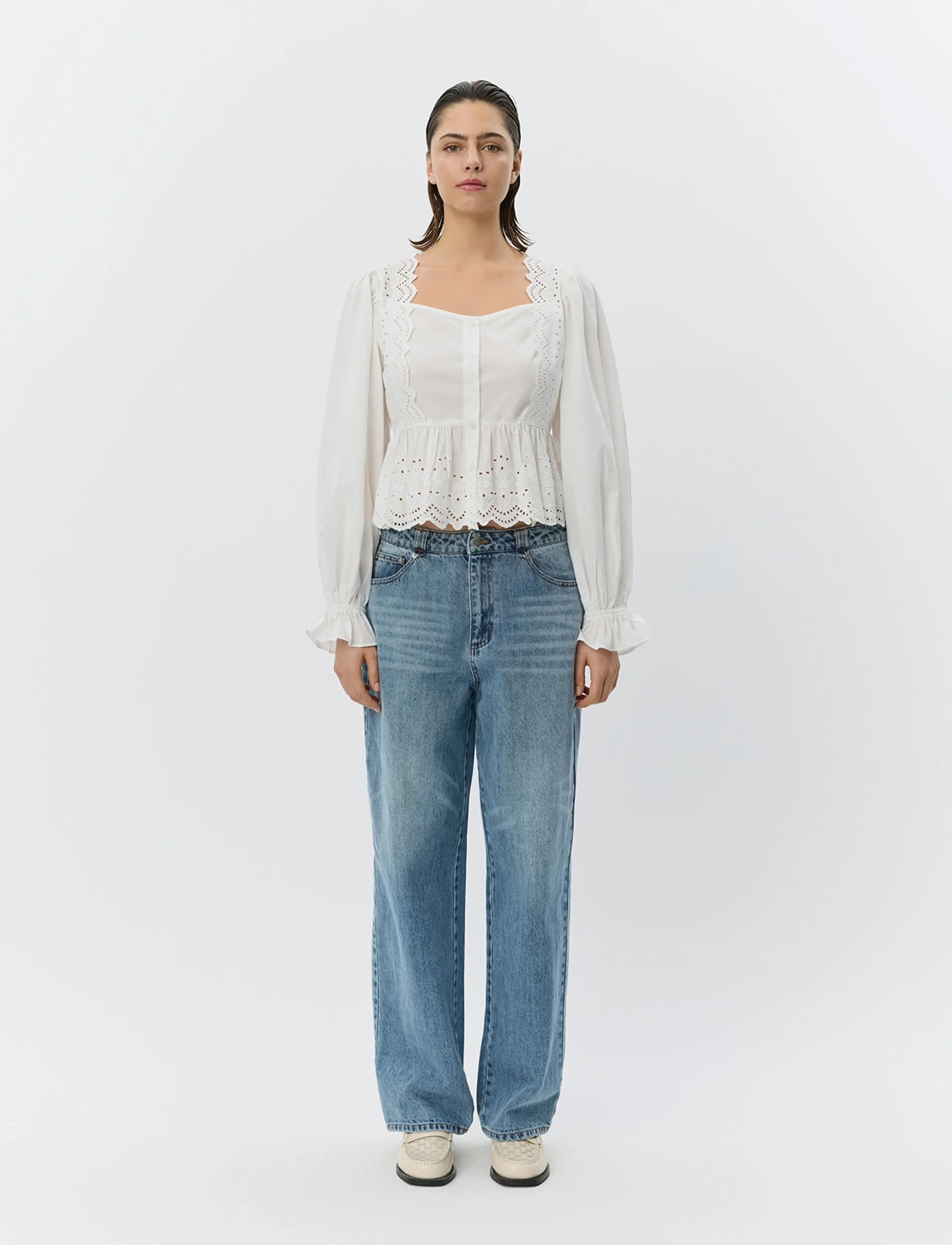 Sofie Schnoor Ariasw Broderie Anglaise Shirt, Kvinder, Broderi Anglais Peplum Bluse, Hvid, Str: 42