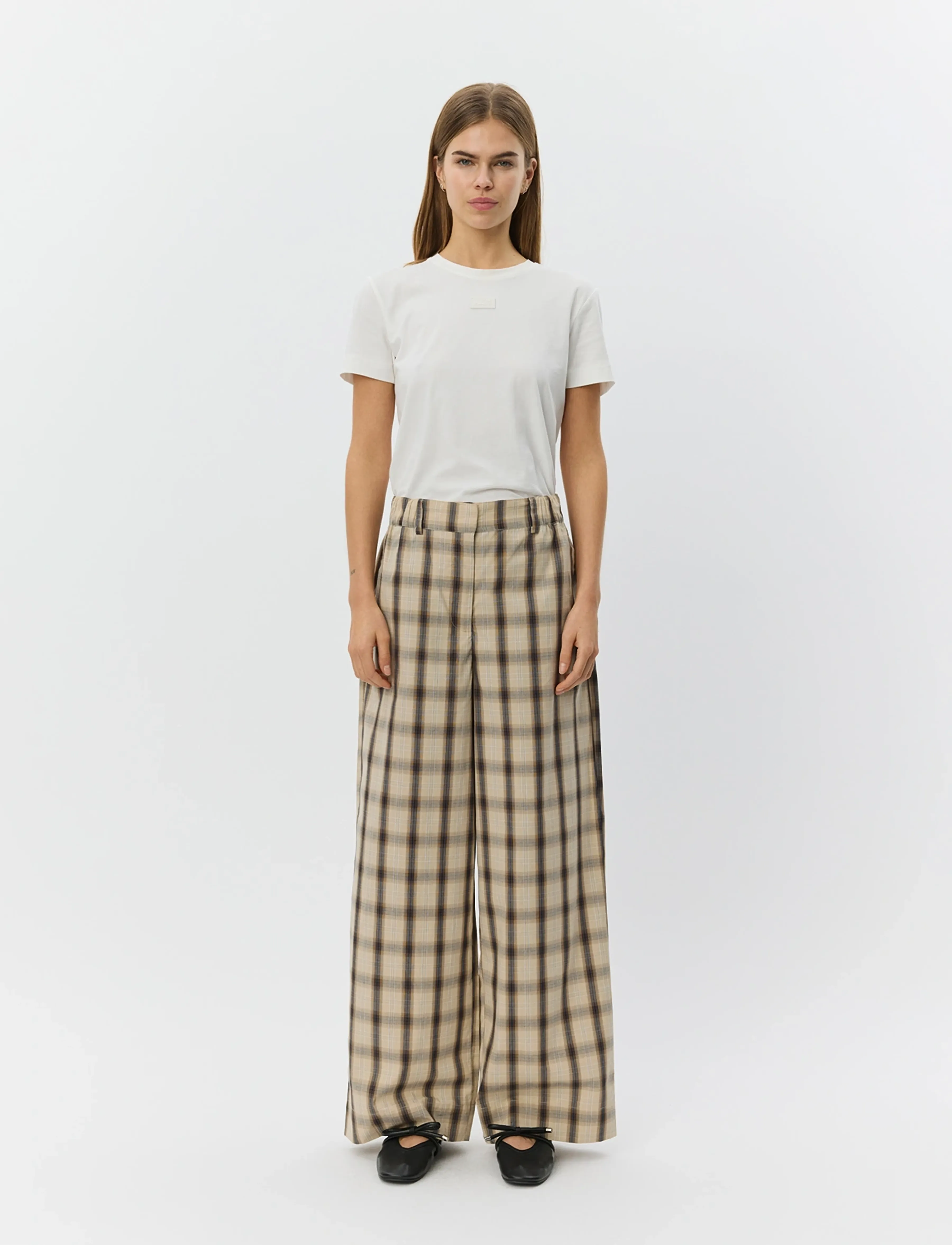 Sofie Schnoor Reinesw Check Wide Leg Trousers, 42, Beige - Leg, Frauen