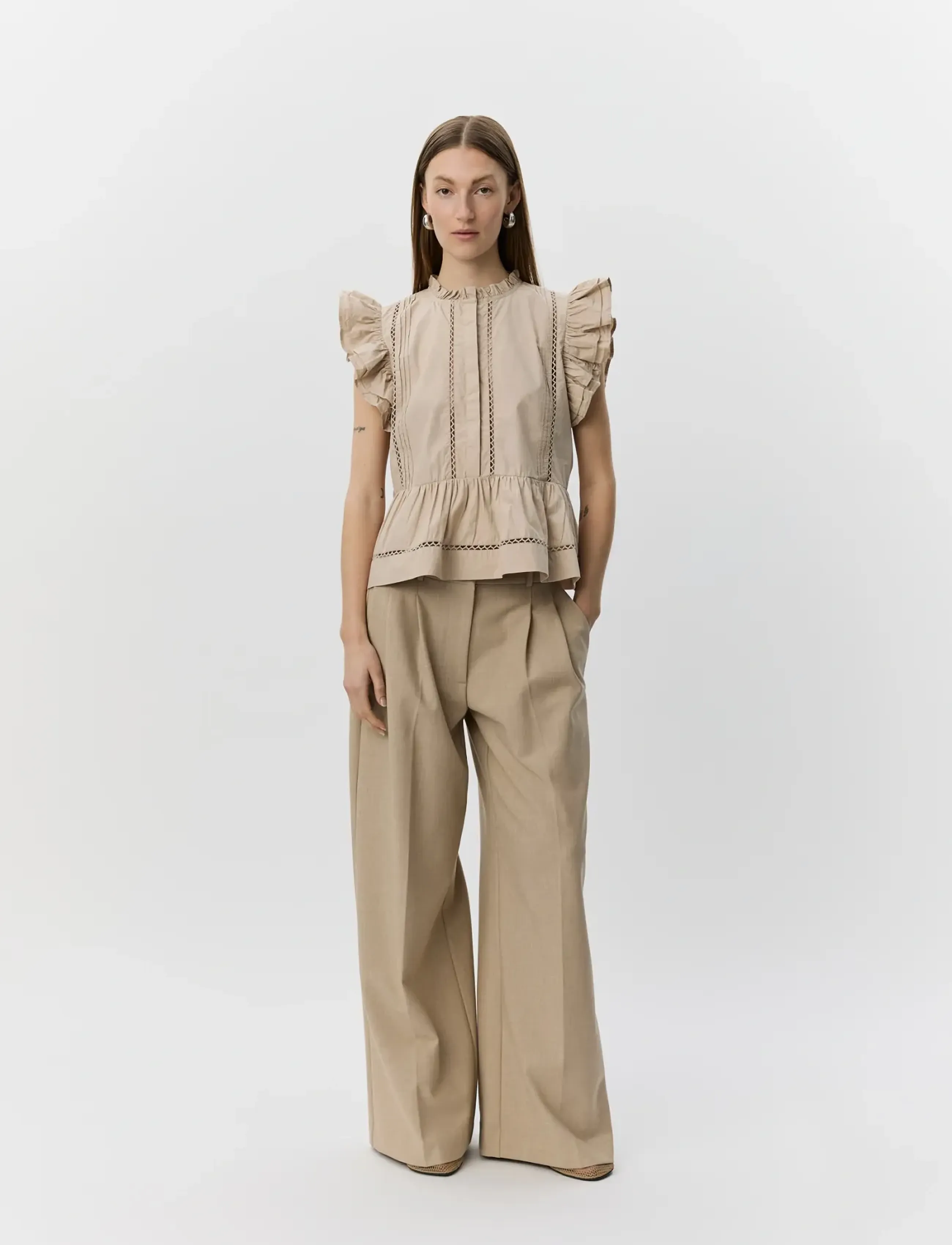 Sofie Schnoor JULIENSW FRILL COTTON TOP - Varrukateta pluusid - FEATHER GRAY / beige