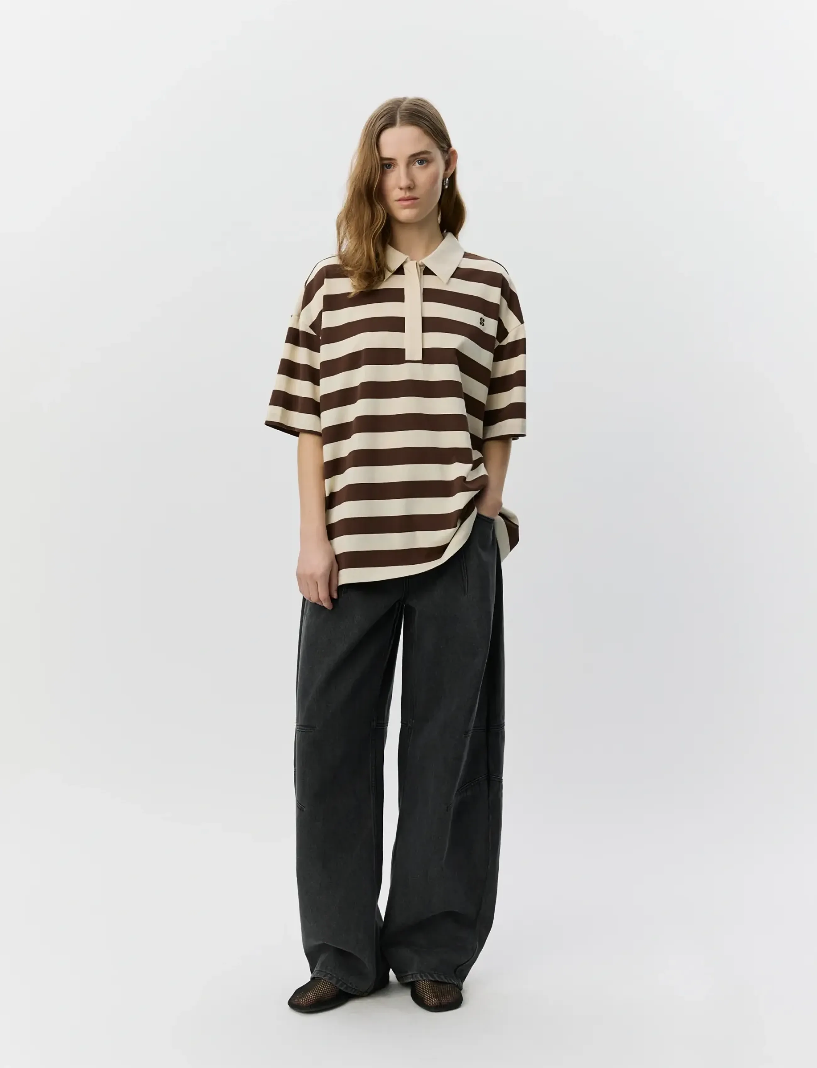 Sofie Schnoor Pilsw Oversize Striped Polo Shirt, Kvinder, Oversize Stribet Kortærmet Poloshirt, Cream, Str: M