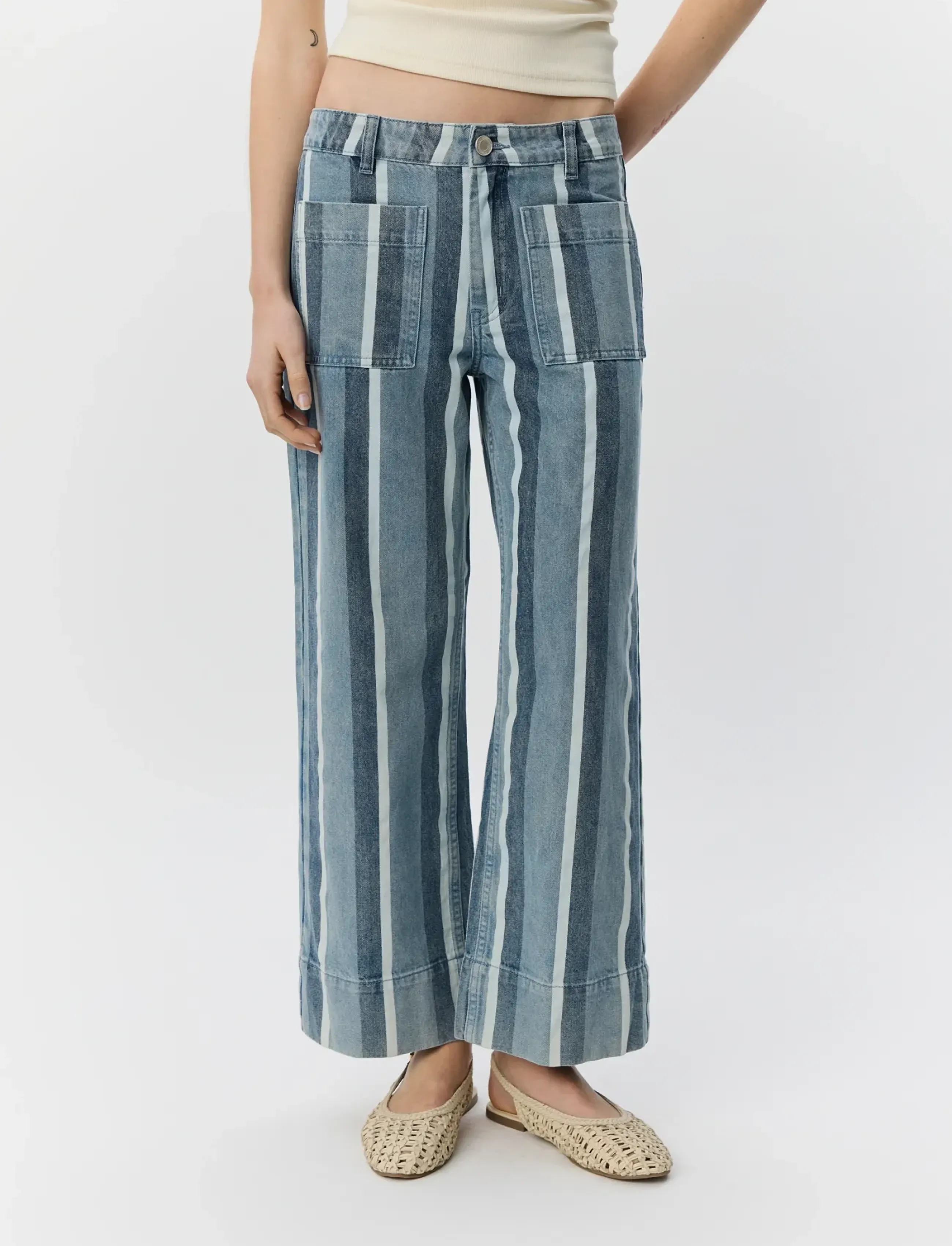 Sofie Schnoor - TOULOUSESW STRIPED CROPPED JEANS - hosen mit weitem bein - blue&white denim stripe - 5