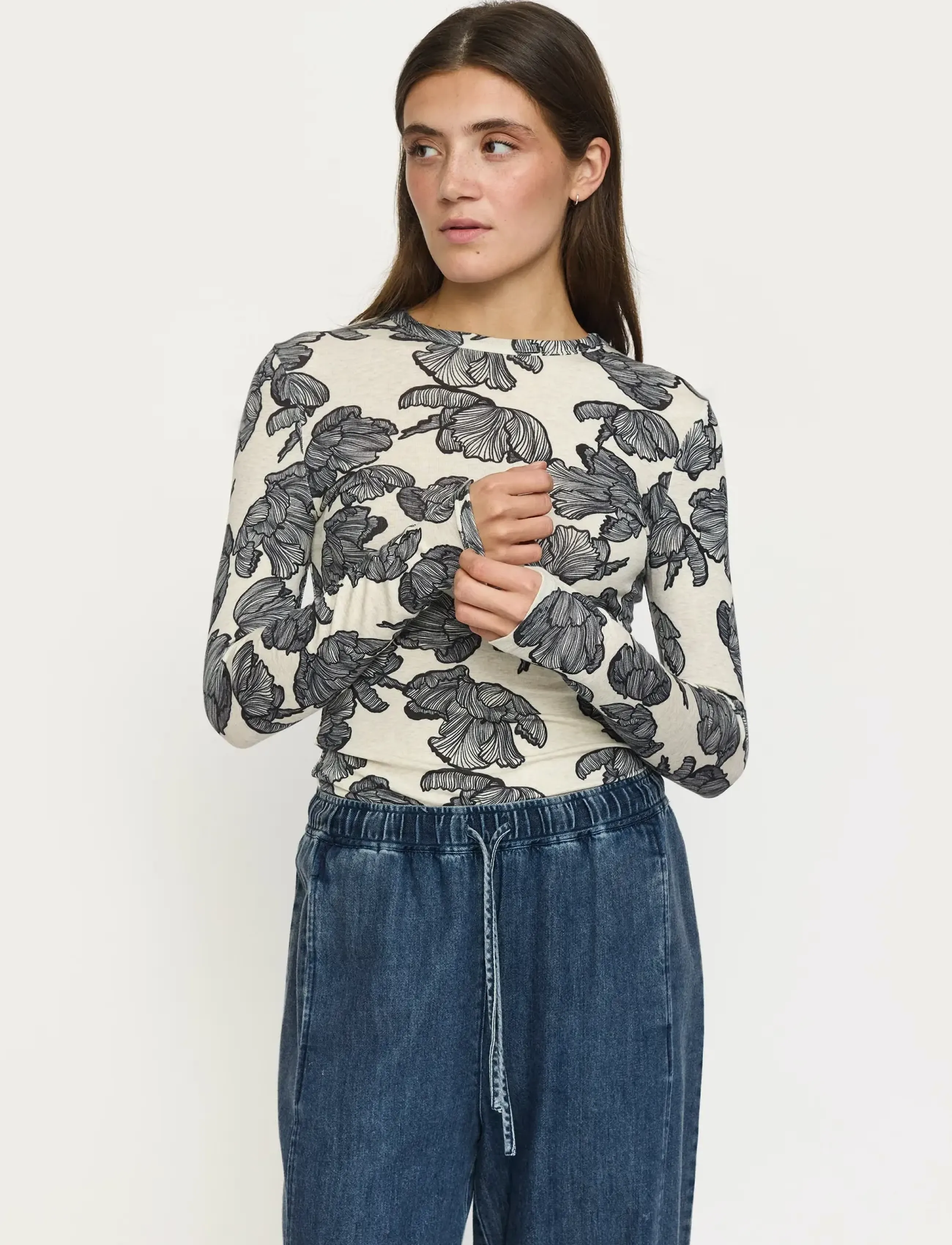 Soft Rebels Srroman O-Neck Printed, XL, T-shirts & Oberteile, Creme - Long-sleeved, Frauen
