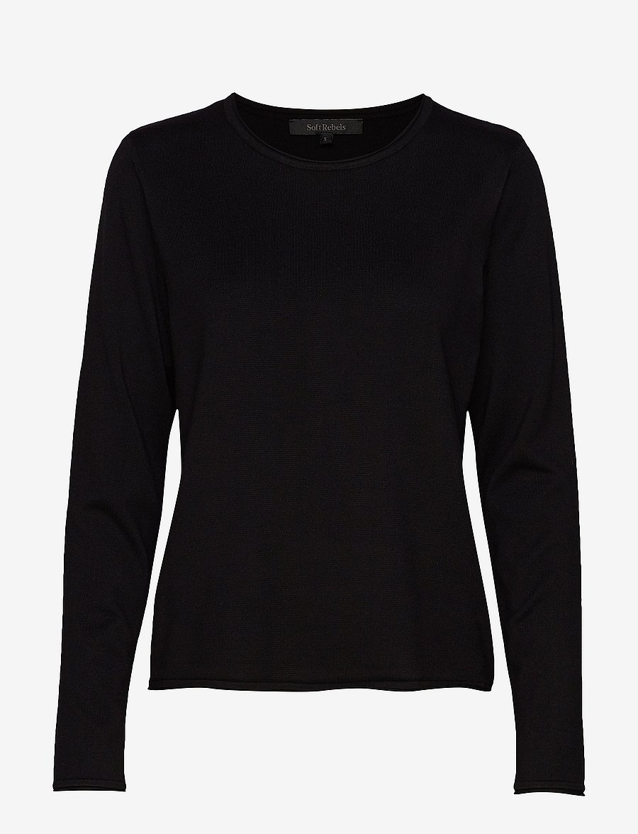 Soft Rebels - SRMarla O-neck Knit Roll Edge - striktrøjer - black - 1
