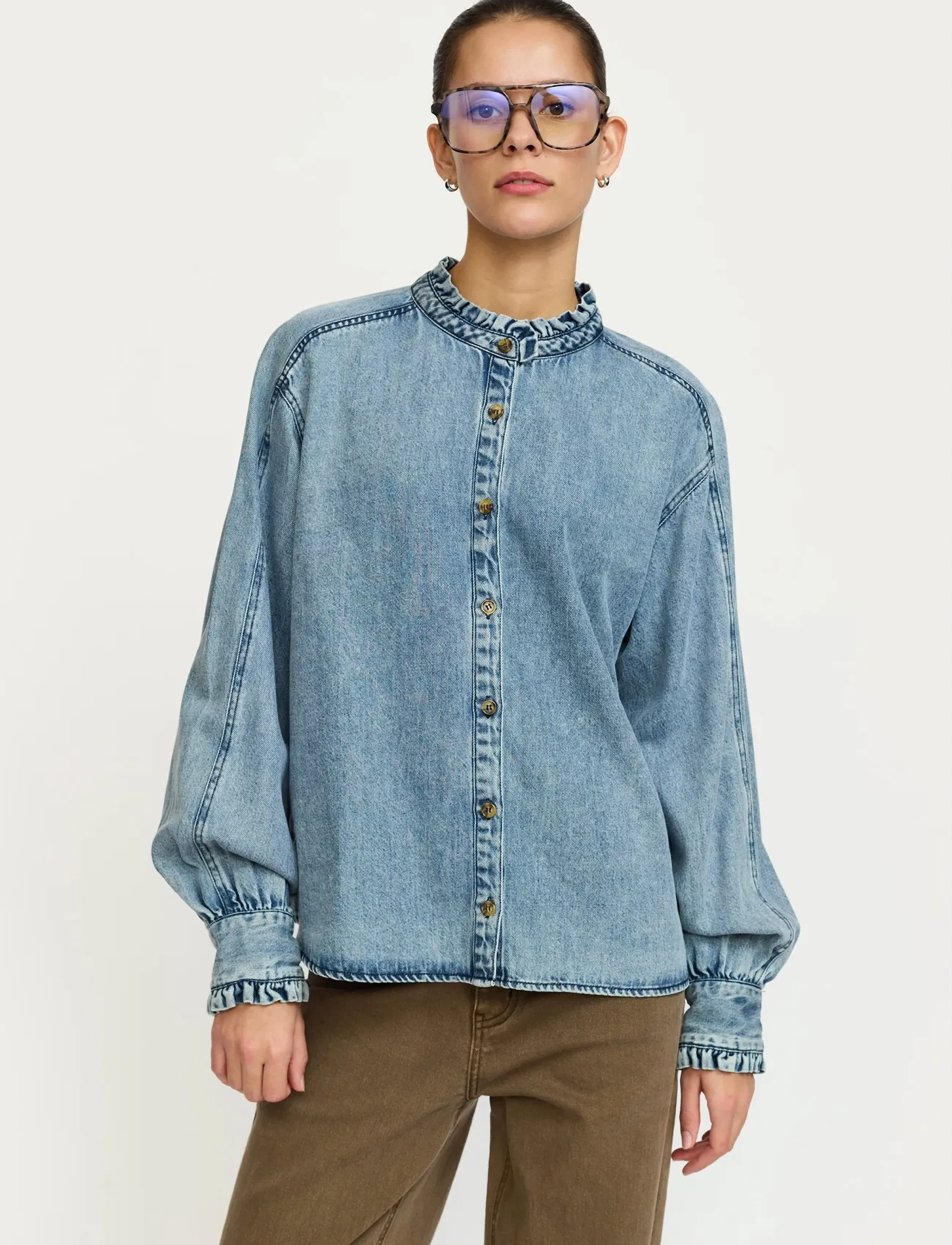 Soft Rebels Srzora Shirt, Kvinder, Flæsekrave Denim Skjorte, Blå, Str: L