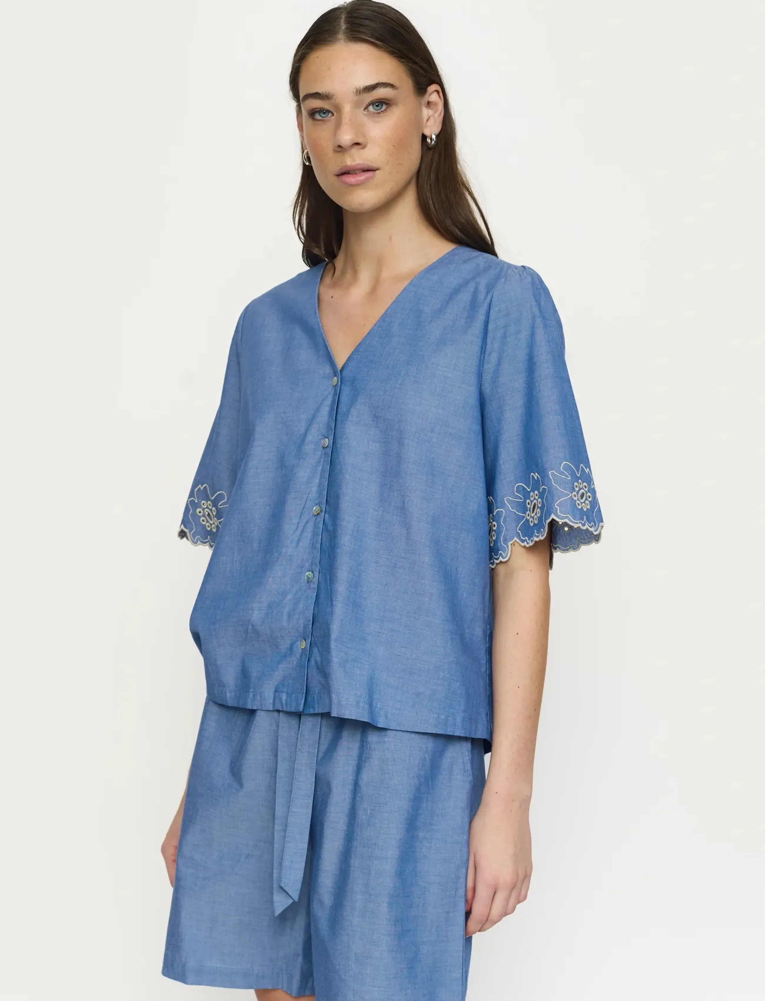 Soft Rebels Srgada Shirt, Kvinder, Broderie Anglaise Skjorte, Blå, Str: XS