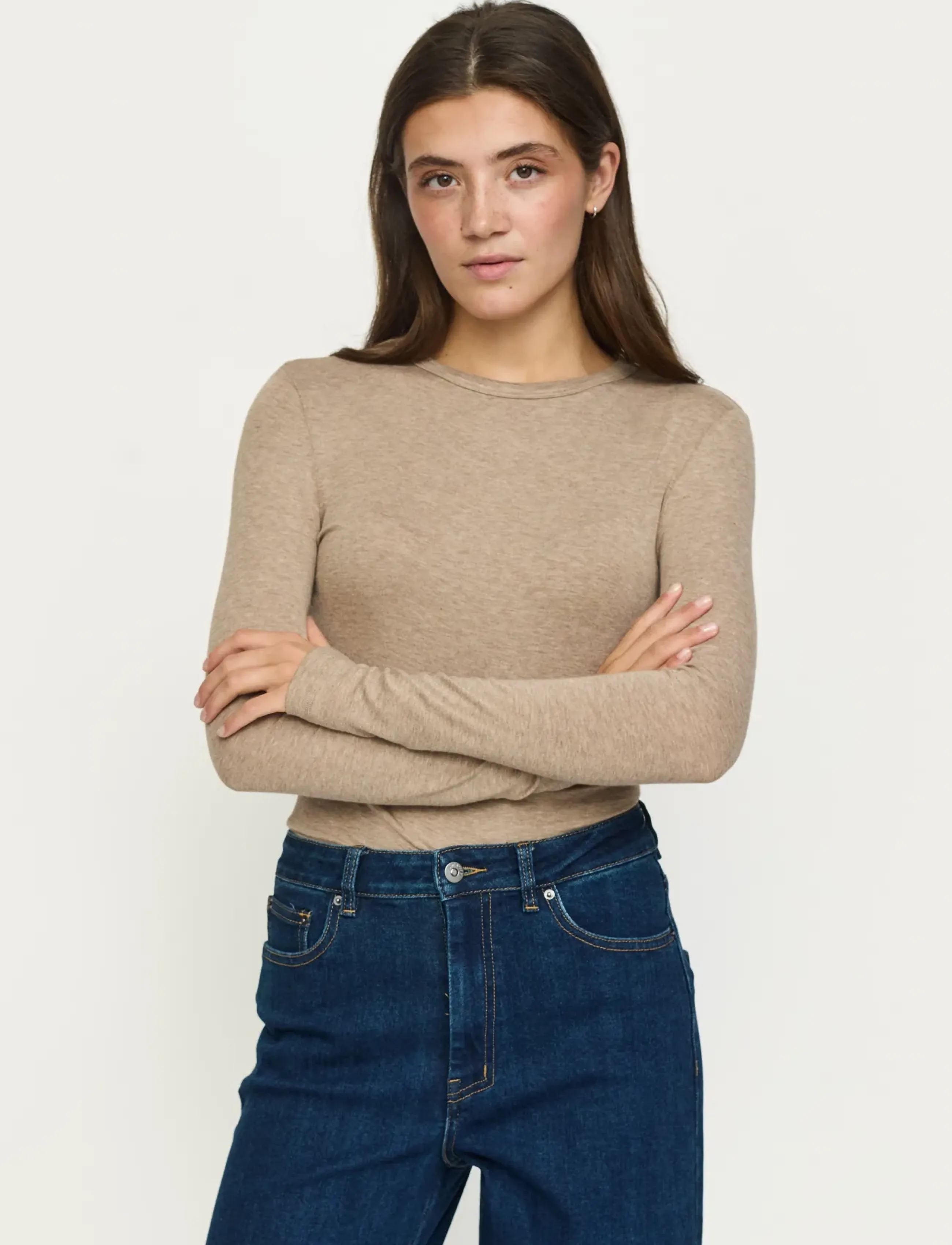 Soft Rebels Srroman O-Neck, Kvinder, Langærmet O-Hals Top, Beige, Str: L