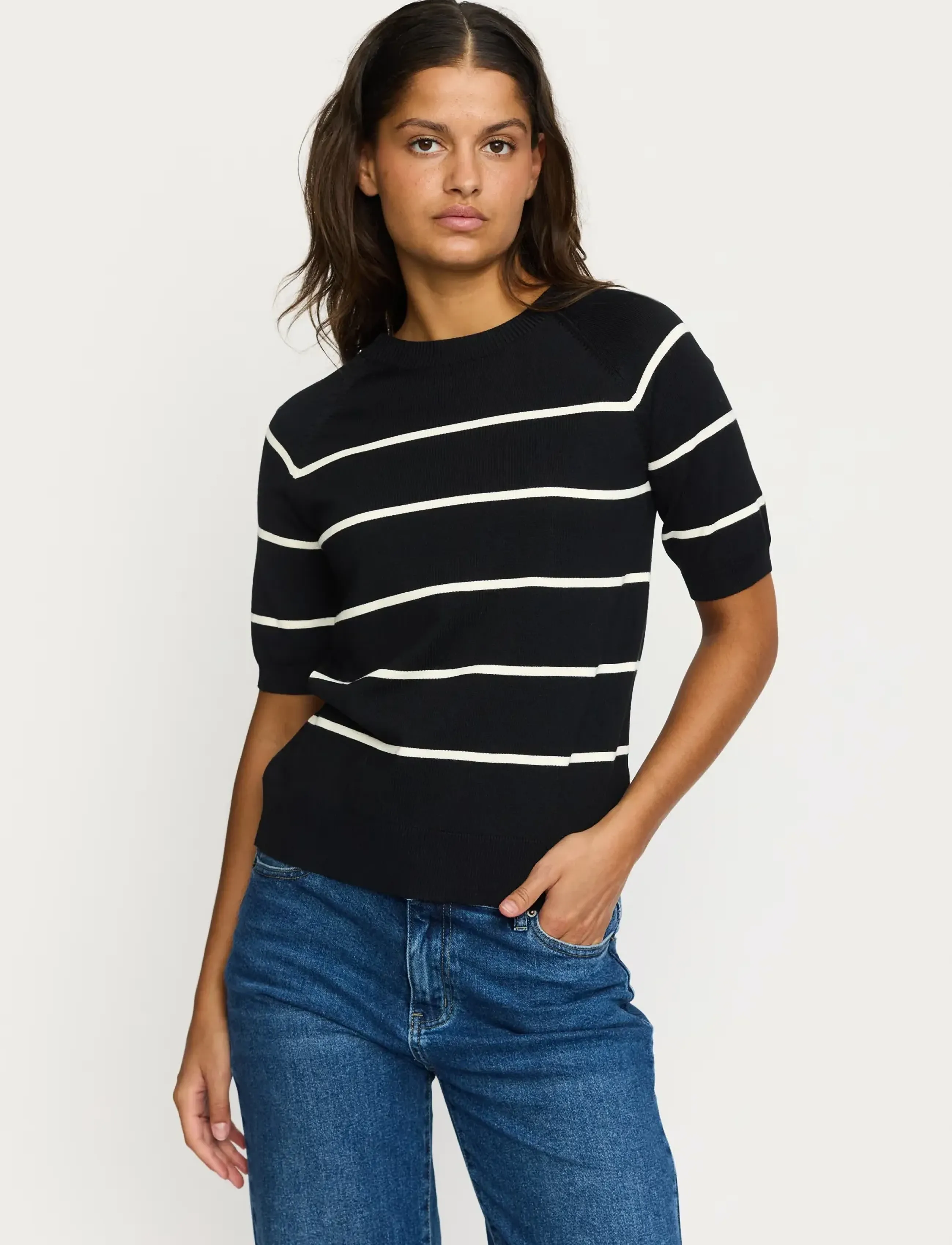 Soft Rebels Srmarla Stripe Ss Knit, XS, Black, Strik > Trøjer, Dame