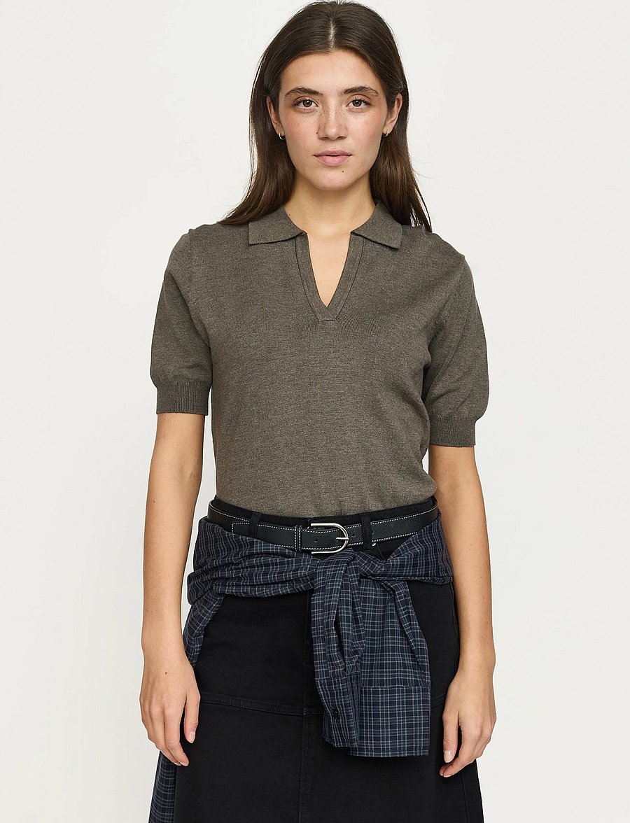 Soft Rebels - SRParker Polo V-neck Knit - stickade tröjor - 368 canteen melange - 0