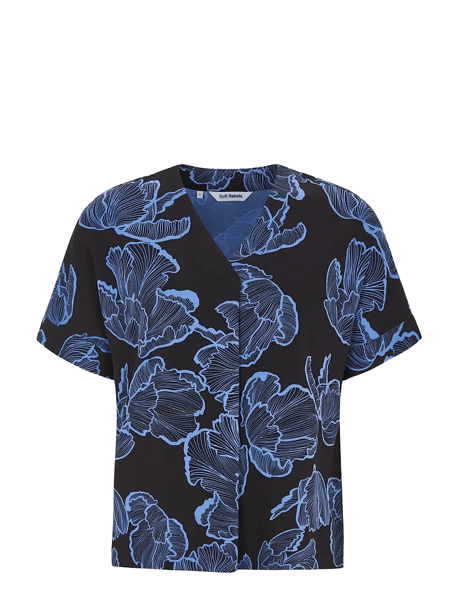 Soft Rebels - SRHanni SS Blouse - kurzärmelige blusen - flower frill black - 1