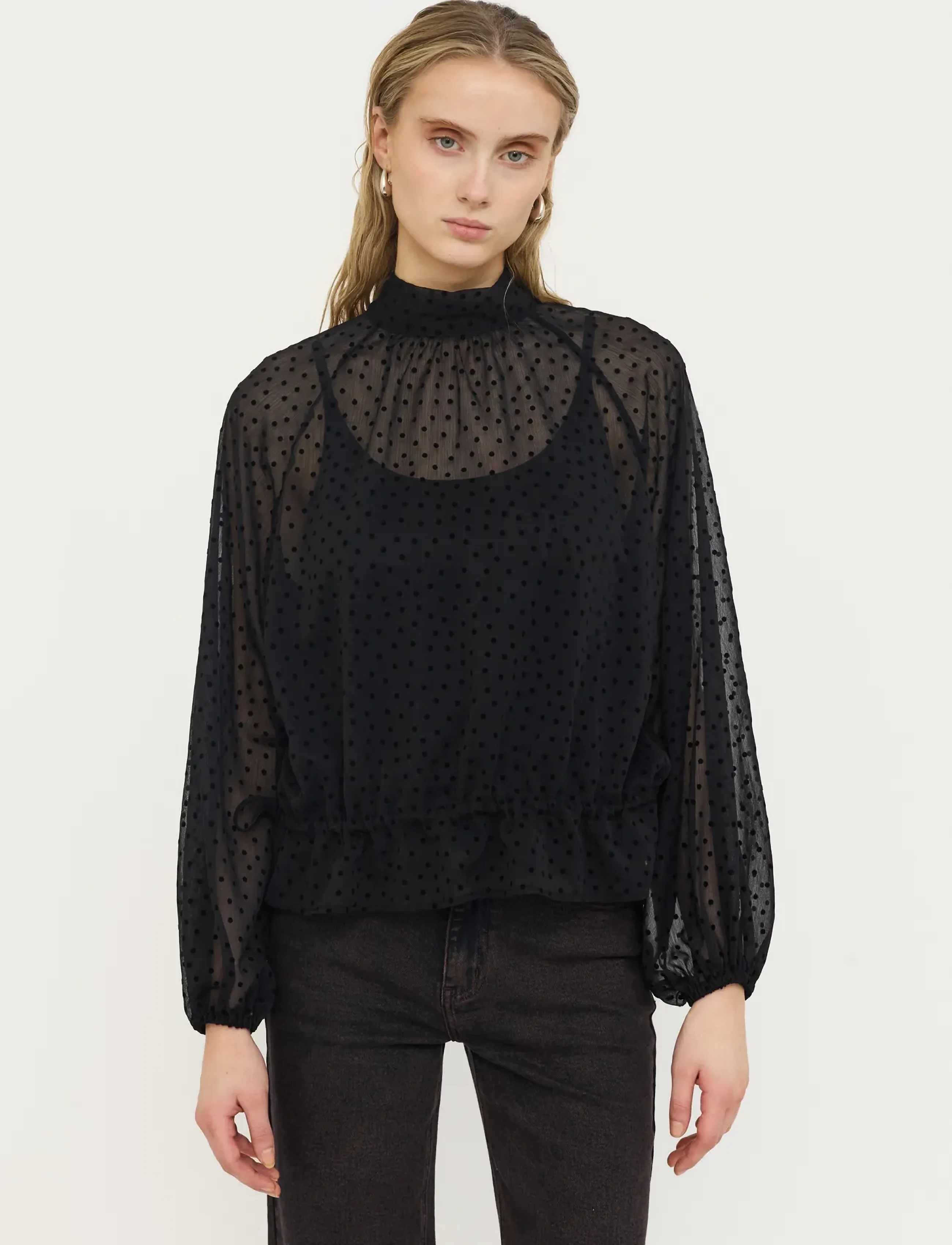 Soft Rebels Srsabella Blouse, Damen, Transparente Gepunktete Stehkragenbluse, Schwarz, Gr.XS