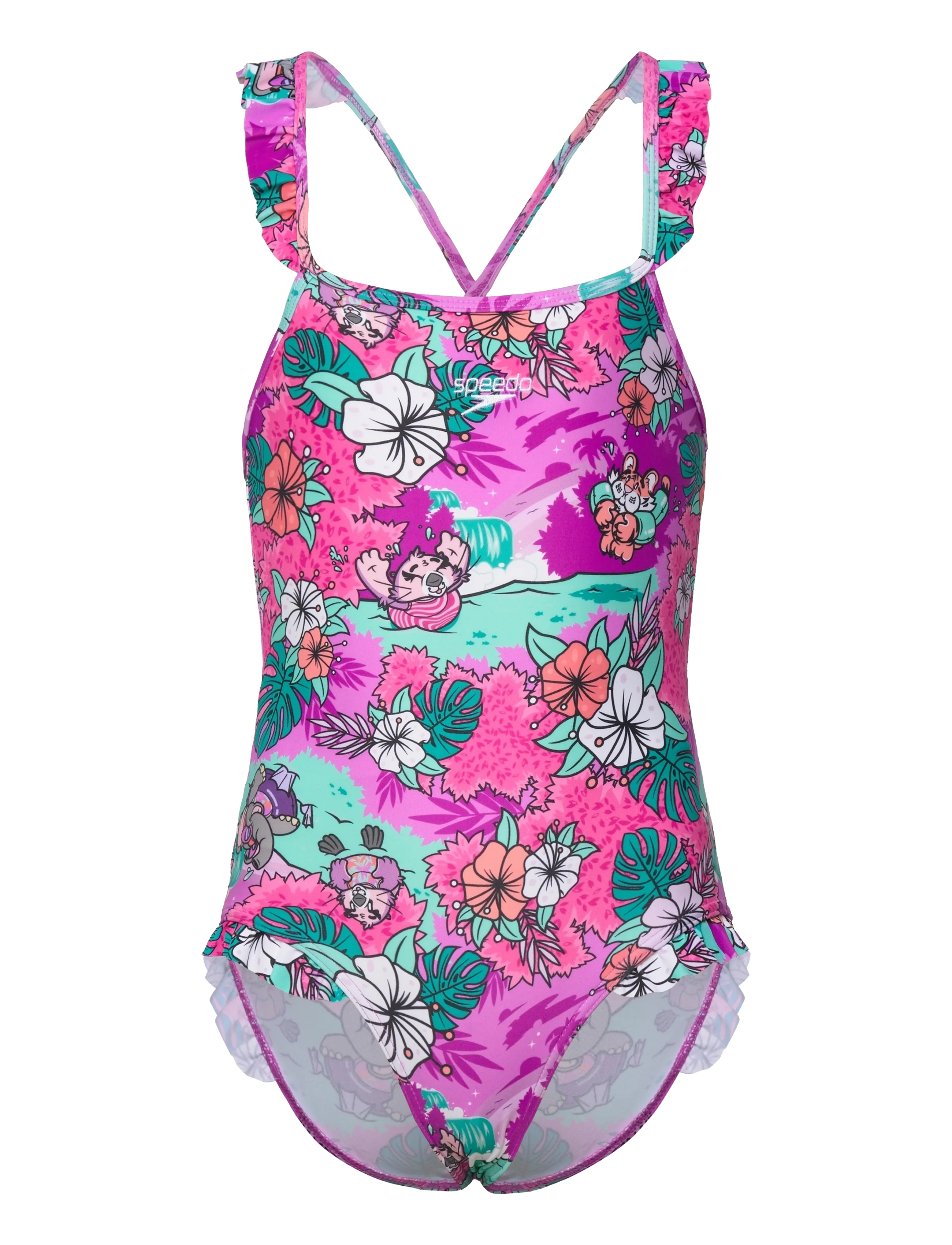 Speedo Girls Learn To Swim Printed Frill Thinstrap, Børn, Printet Flæse Badedragt, Lila, Str: 3