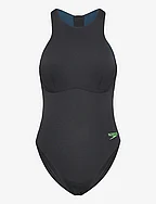 Womens Racer Zip Swimsuit with Integrated Swim Bra - BLACK
