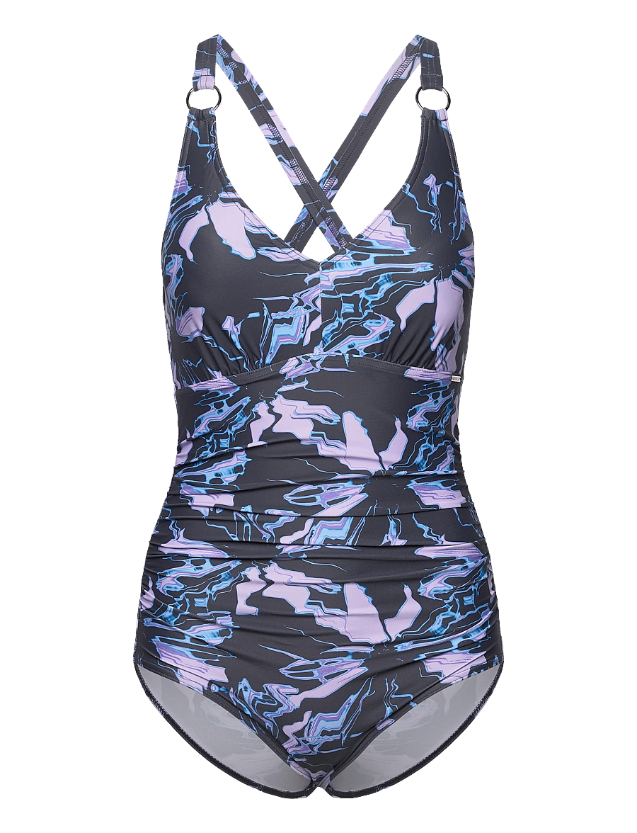 Speedo - Womens Shaping Printed V Neck 1 Piece - sportiska stila peldkostīmi - purple - 0