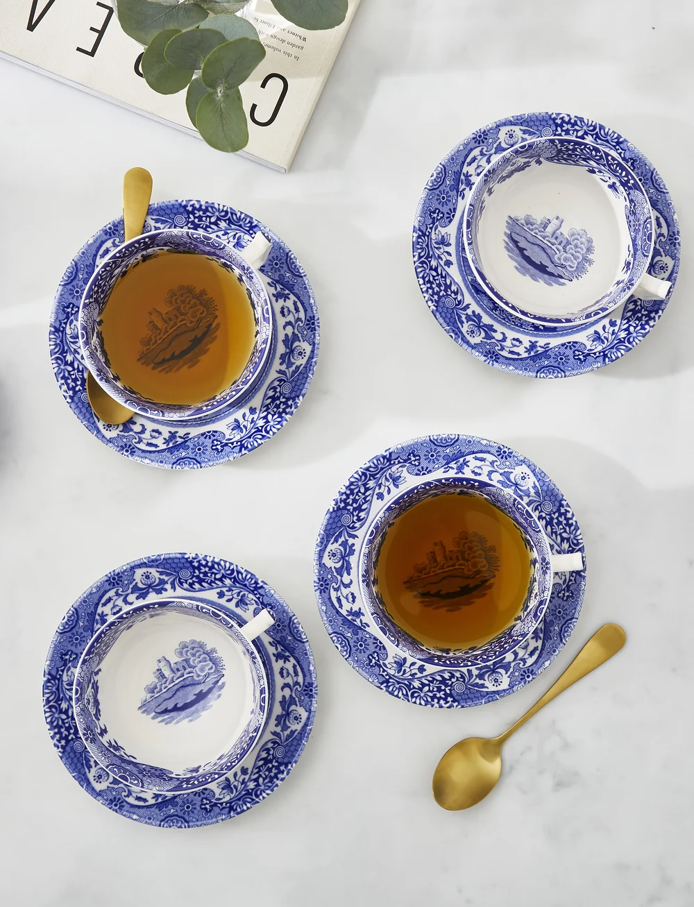 Spode - Blue Italian Teacup & Saucer 4-pack - tebollar - blue / white - 3