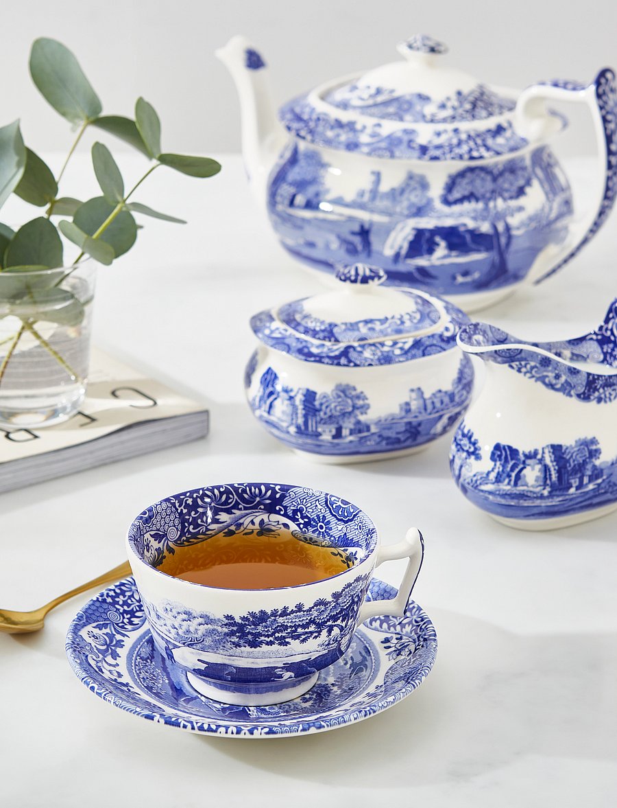 Spode - Blue Italian Teacup & Saucer 4-pack - teetassid - blue / white - 4