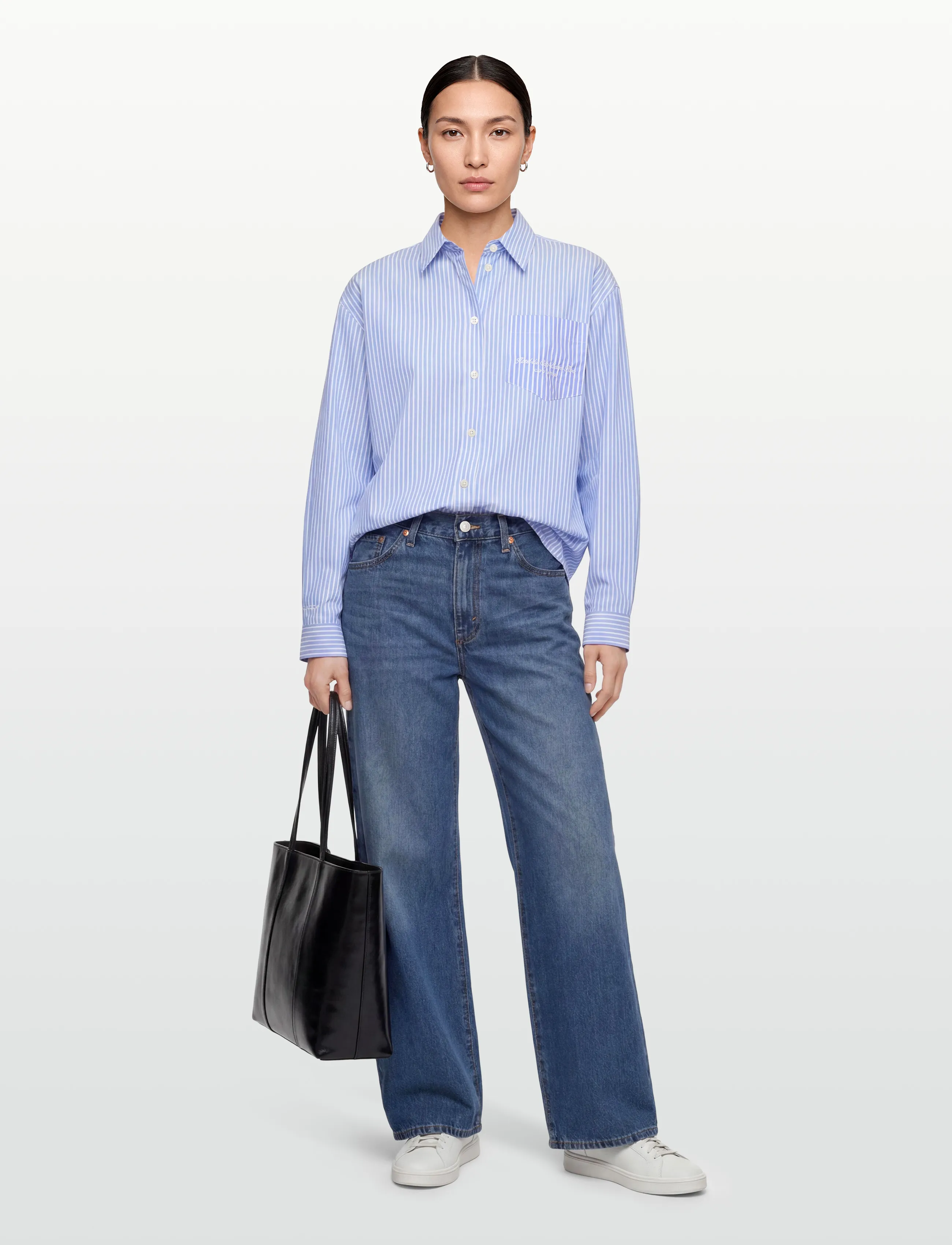 Sporty & Rich Eden Script Oversized Shirt, Kvinder, Oversized Stribet Skjorte, Blå, Str: M