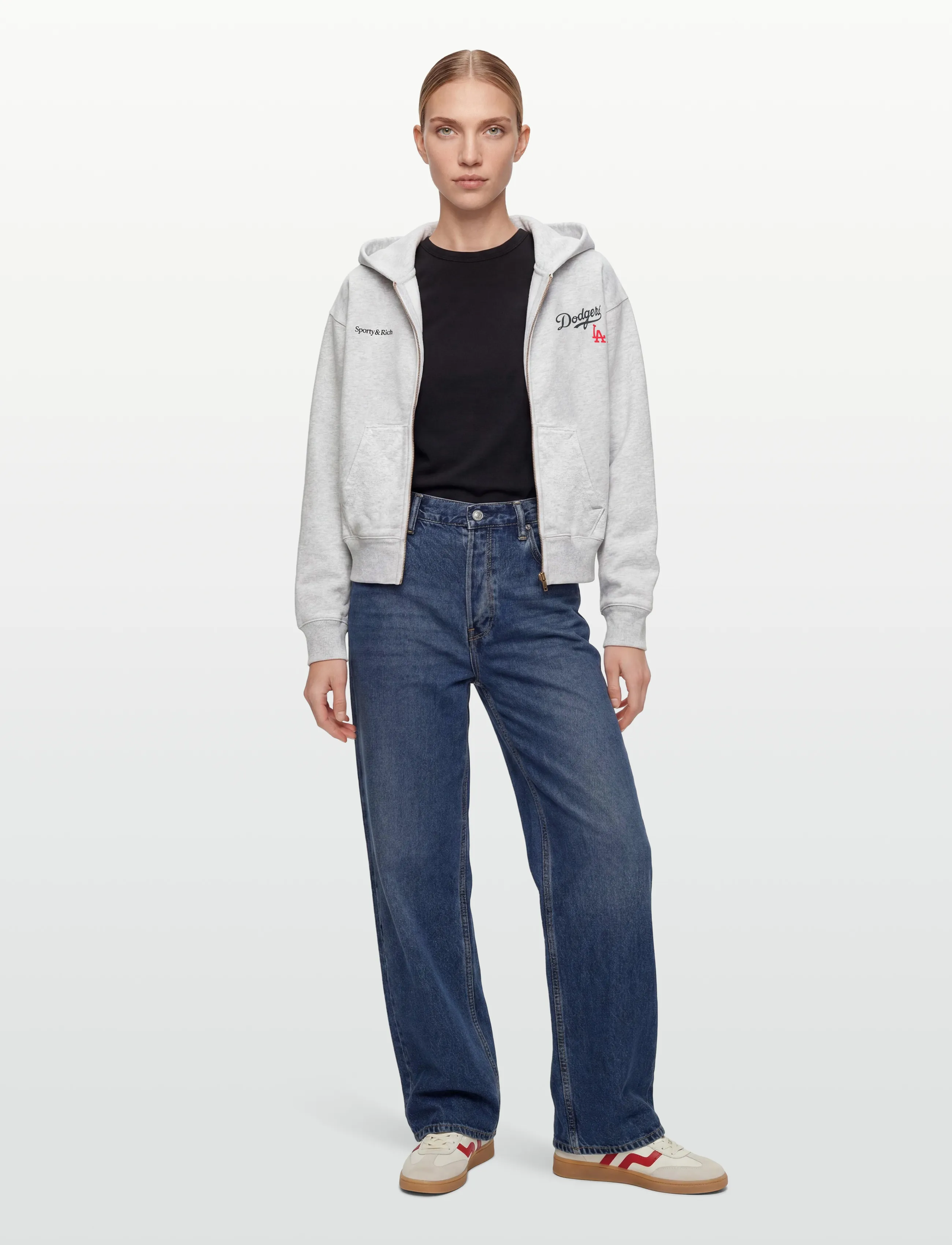 Sporty & Rich Dodgers Serif Cropped Zip Hoodie, L, Grey, Sweatshirts & Hættetrøjer > Hættetrøjer, Dame