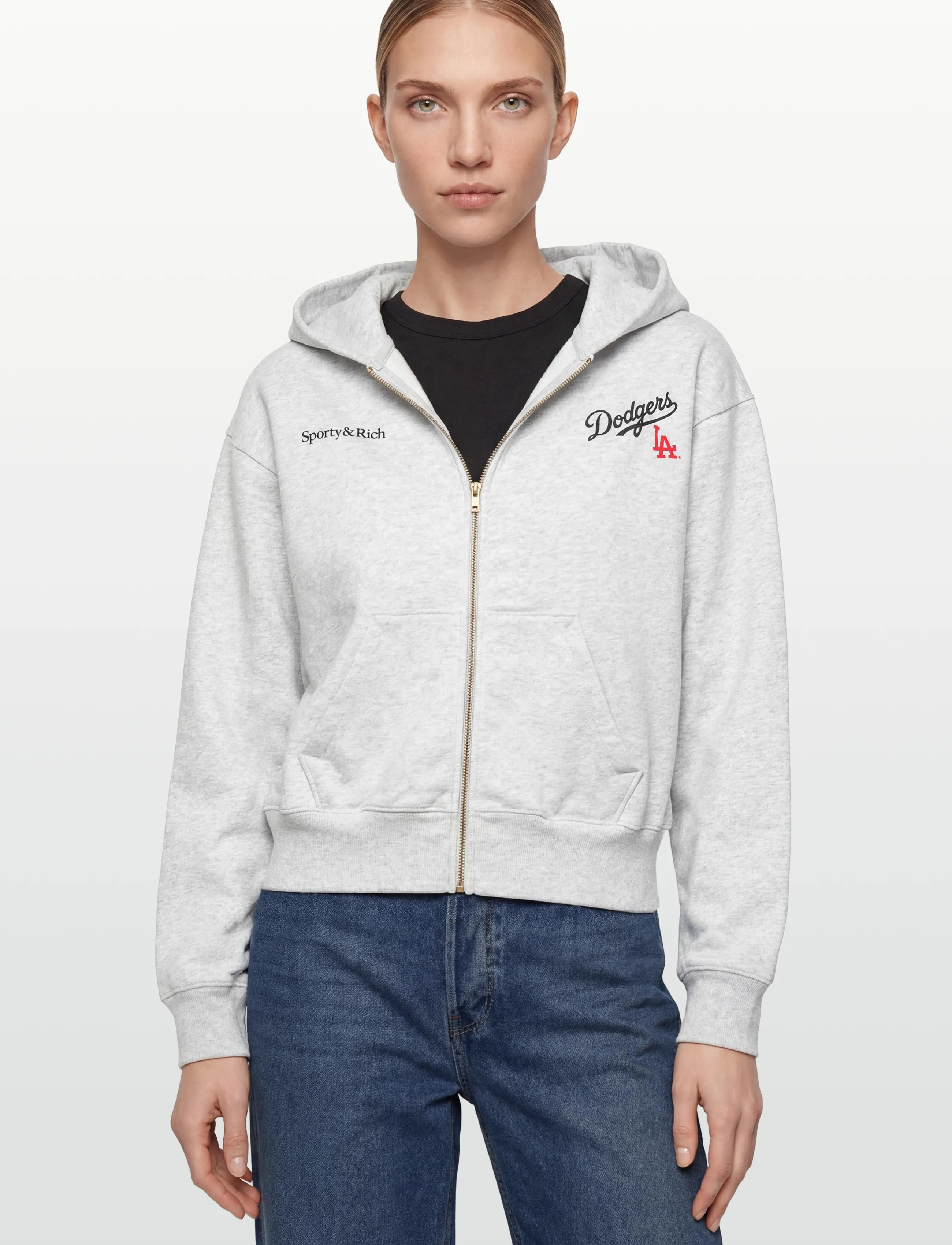 Sporty & Rich - Dodgers Serif Cropped Zip Hoodie - sweatshirts & hoodies - heather gray - 3
