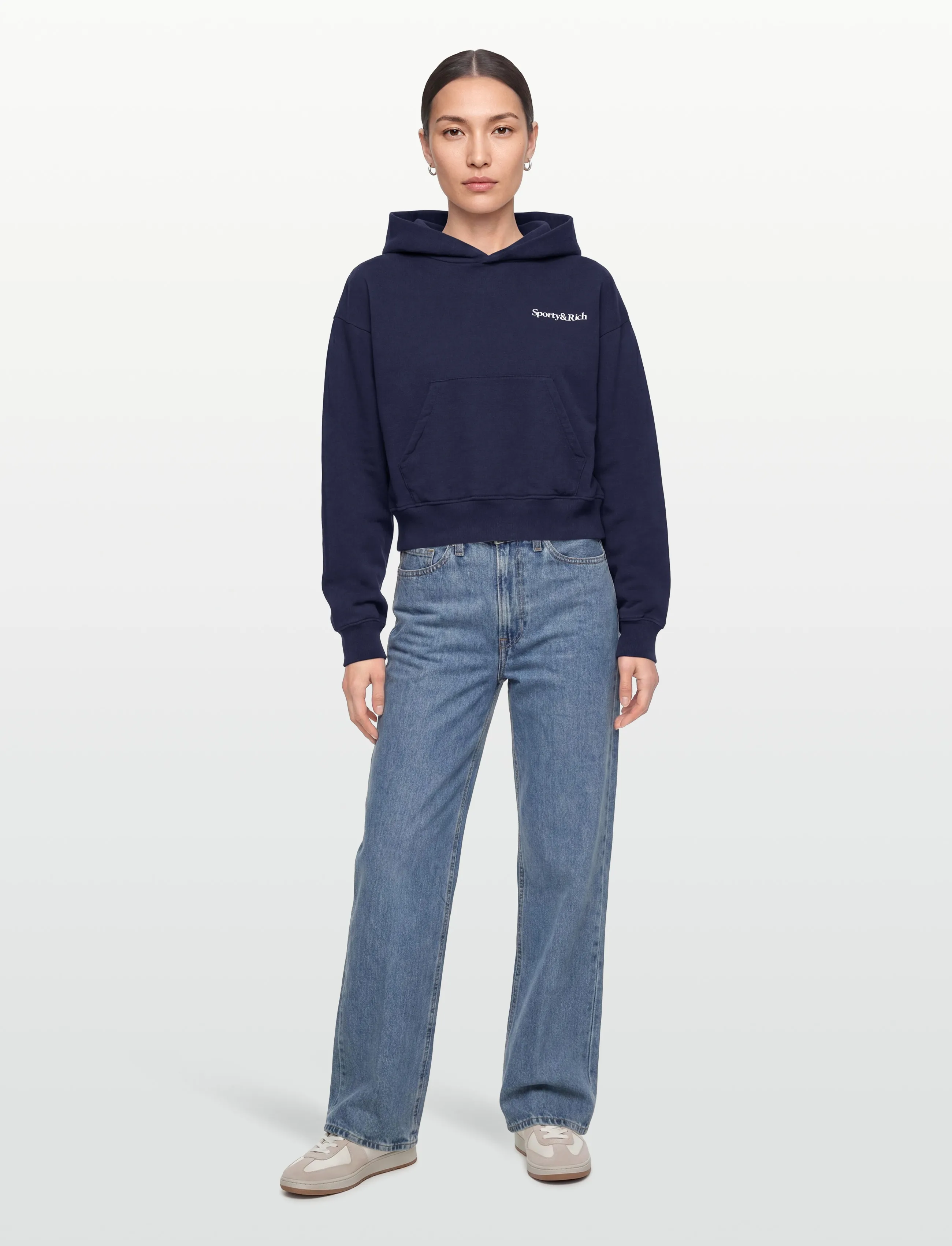 Sporty & Rich Health Is Wealth Cropped Hoodie, Kvinder, Kort Hættetrøje, Navy, Str: XS