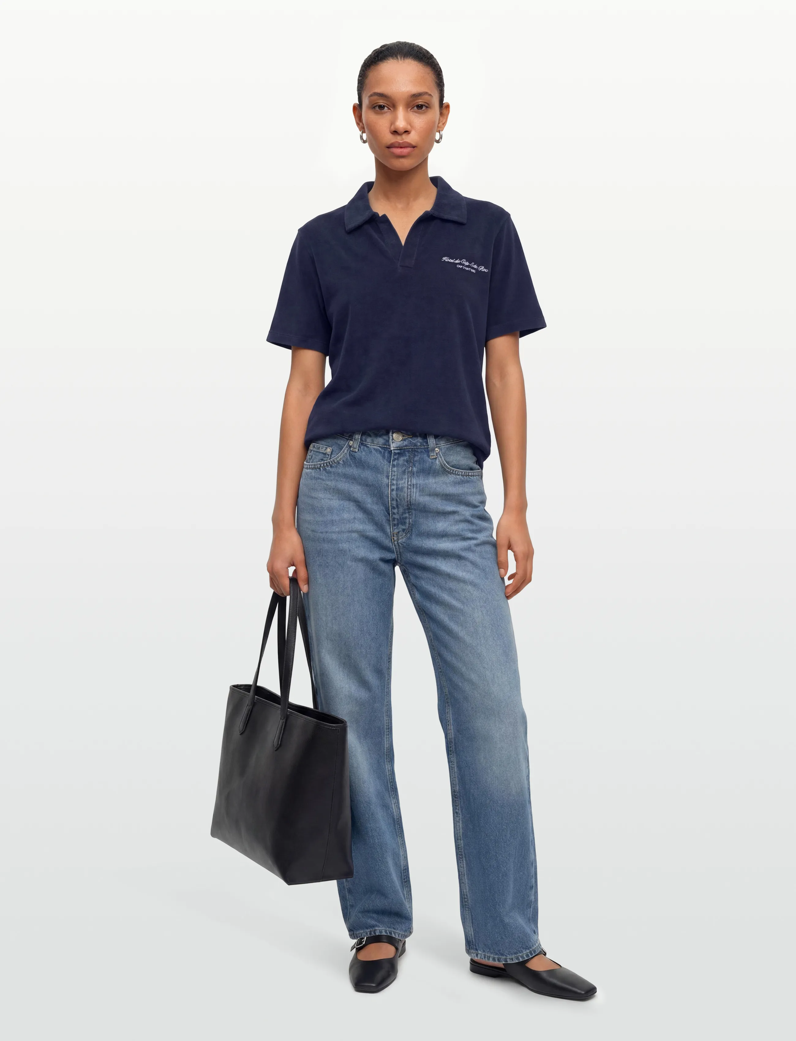Sporty & Rich Eden Script Terry Polo, L, T-shirts Oberteile, Marineblau - Short-sleeved, Frauen
