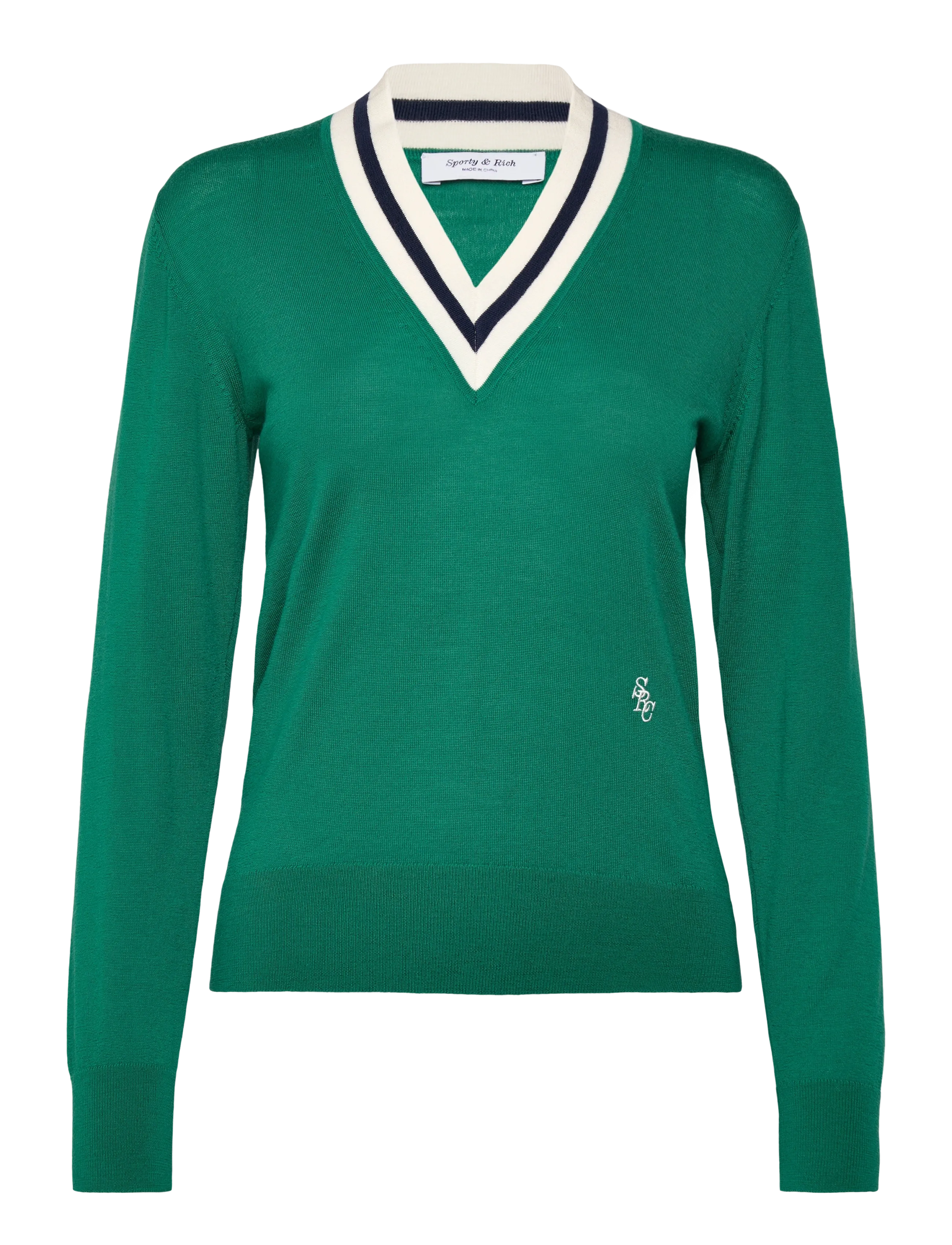 Sporty & Rich SRC Minimalist V-Neck Sweater - Sweaters - ALPINE/DARK NAVY/OFF WHITE / green
