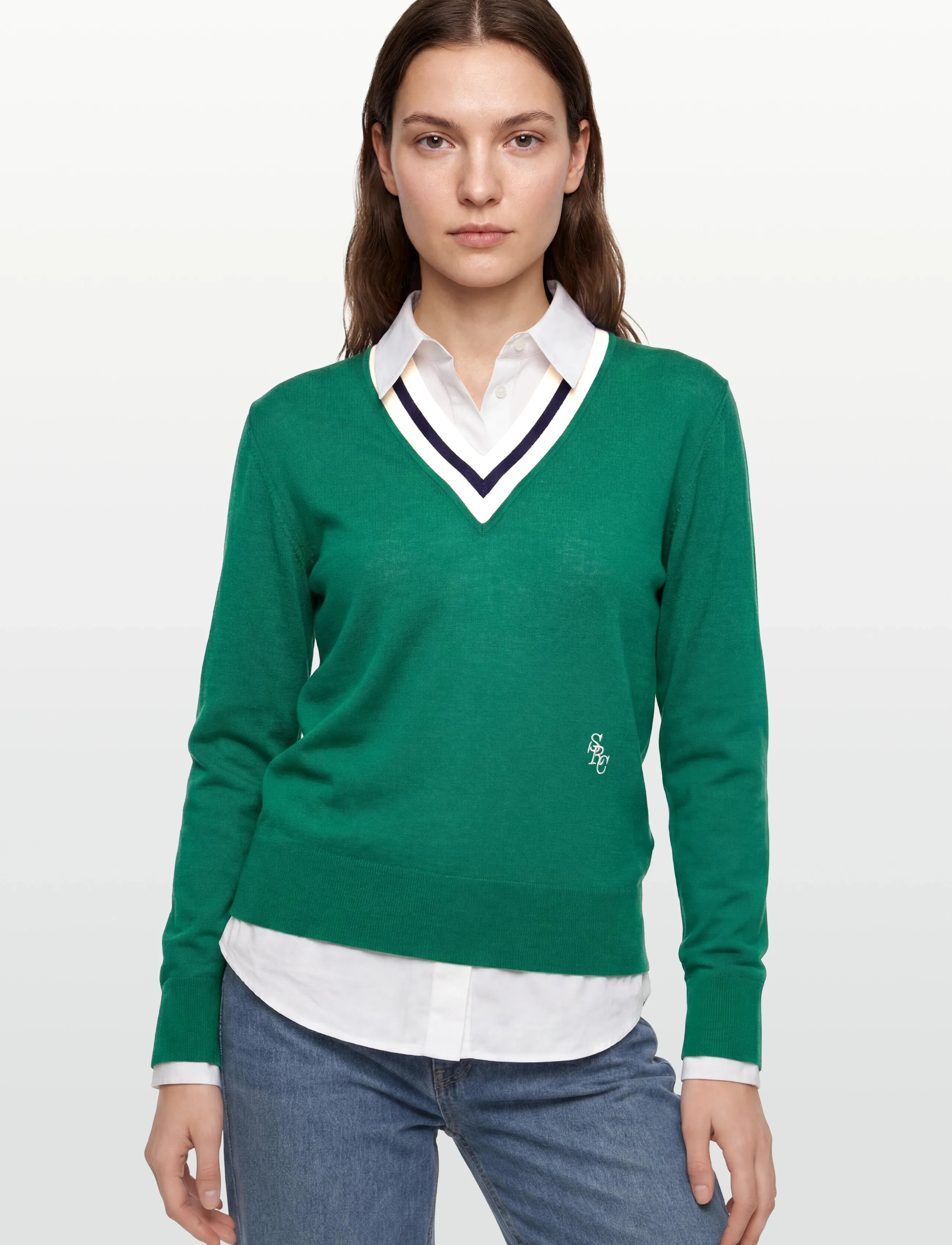 Sporty & Rich - SRC Minimalist V-Neck Sweater - tröjor - alpine/dark navy/off white - 3