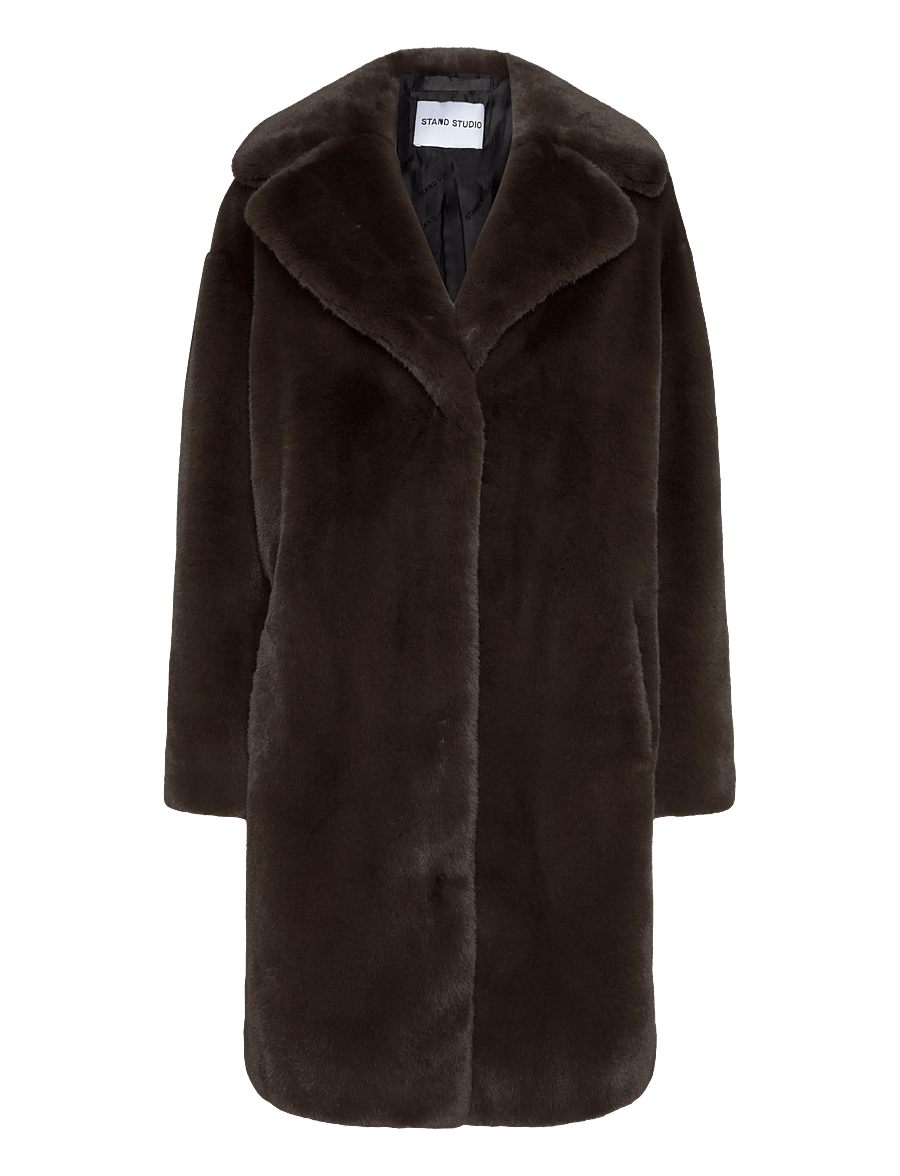 Stand Studio - Camille Cocoon Coat - kunstkarusnahk - ash brown - 0