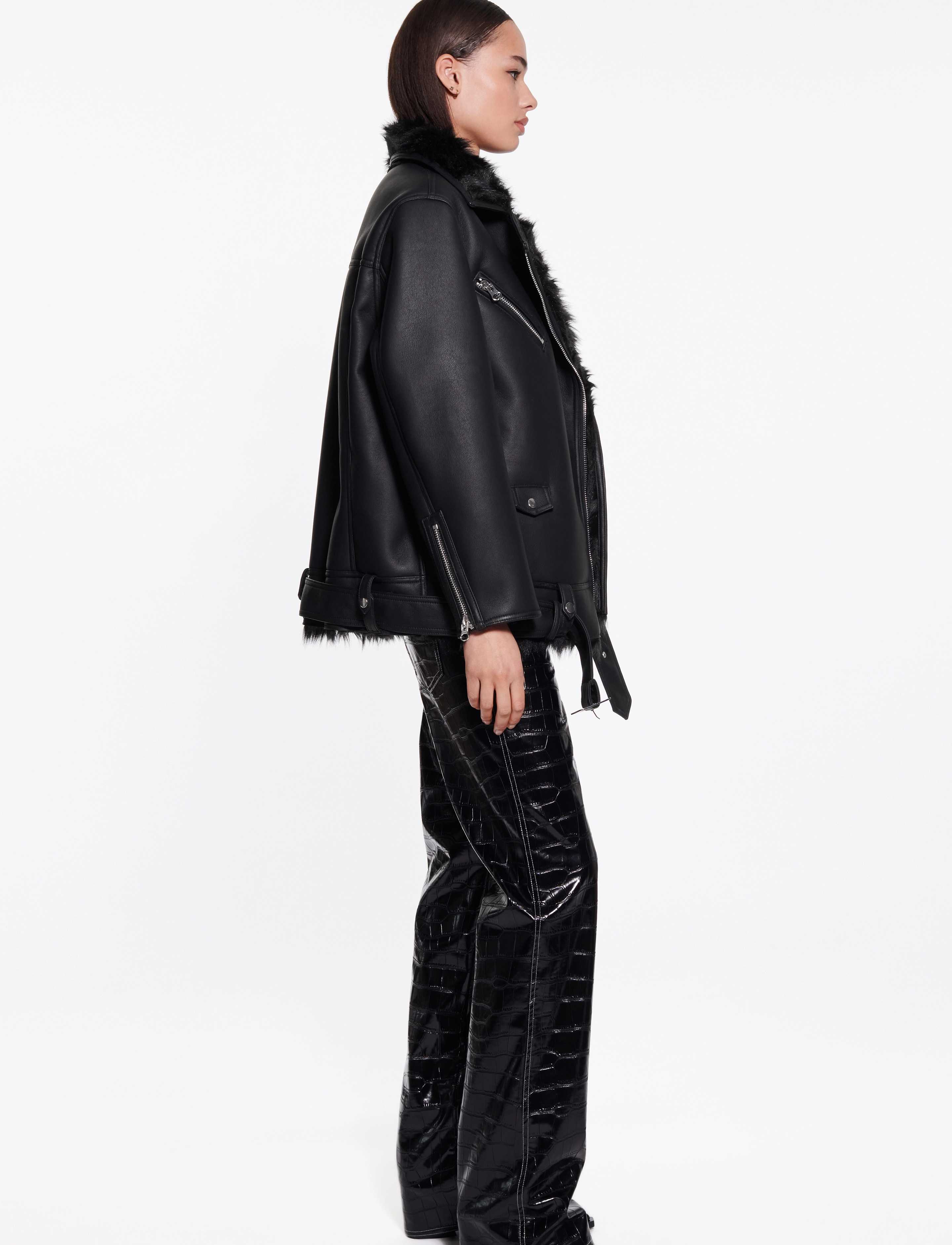 Stand Studio - Carrie Shearling Biker Jacket - black/black - 4