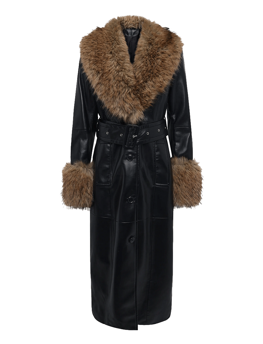 Stand Studio - Estella Coat - kunstkarusnahk - black/natural - 0