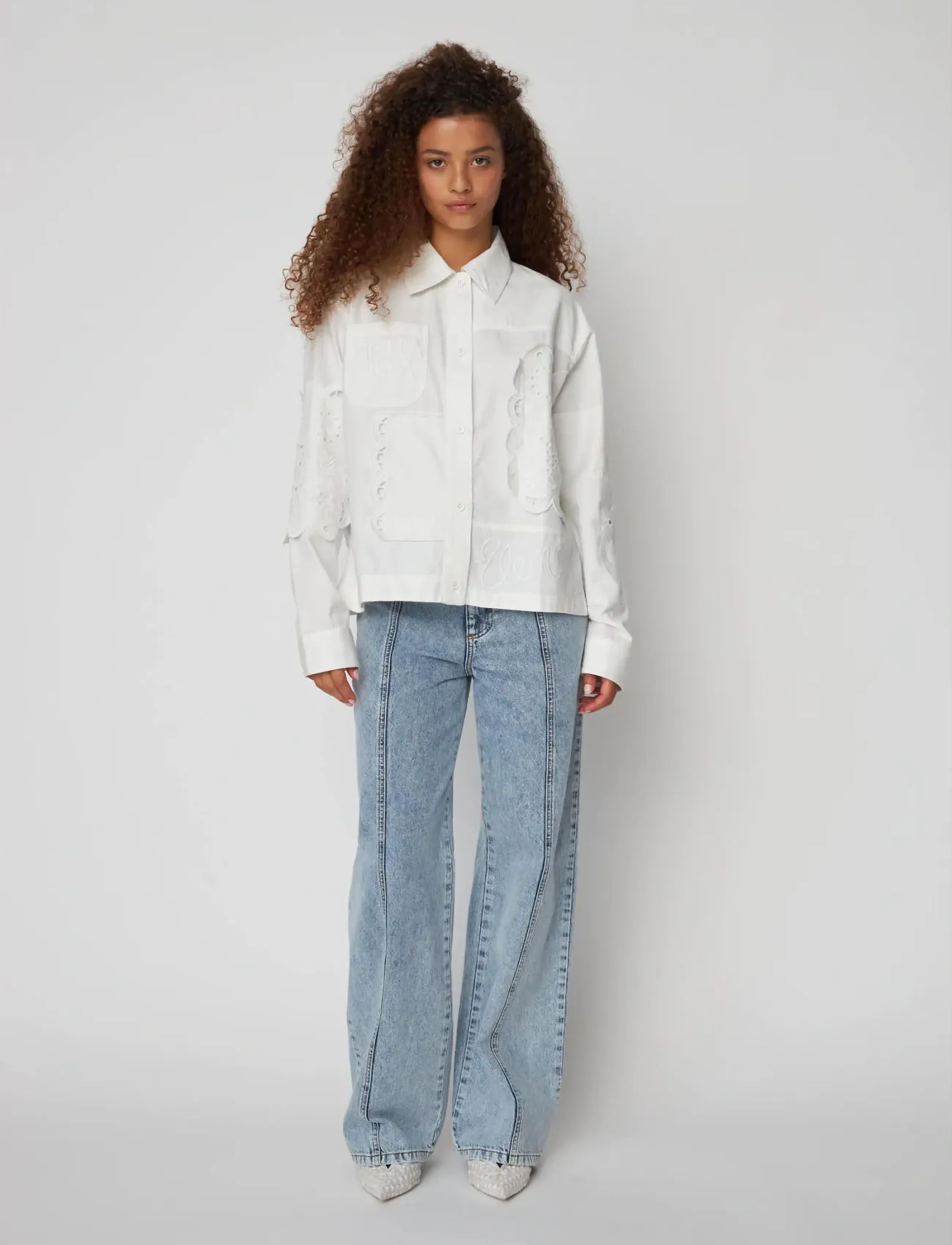 Stella Nova Elements Embroidered Cotton Shirt, Kvinder, Broderet Skjorte, Hvid, Str: 34