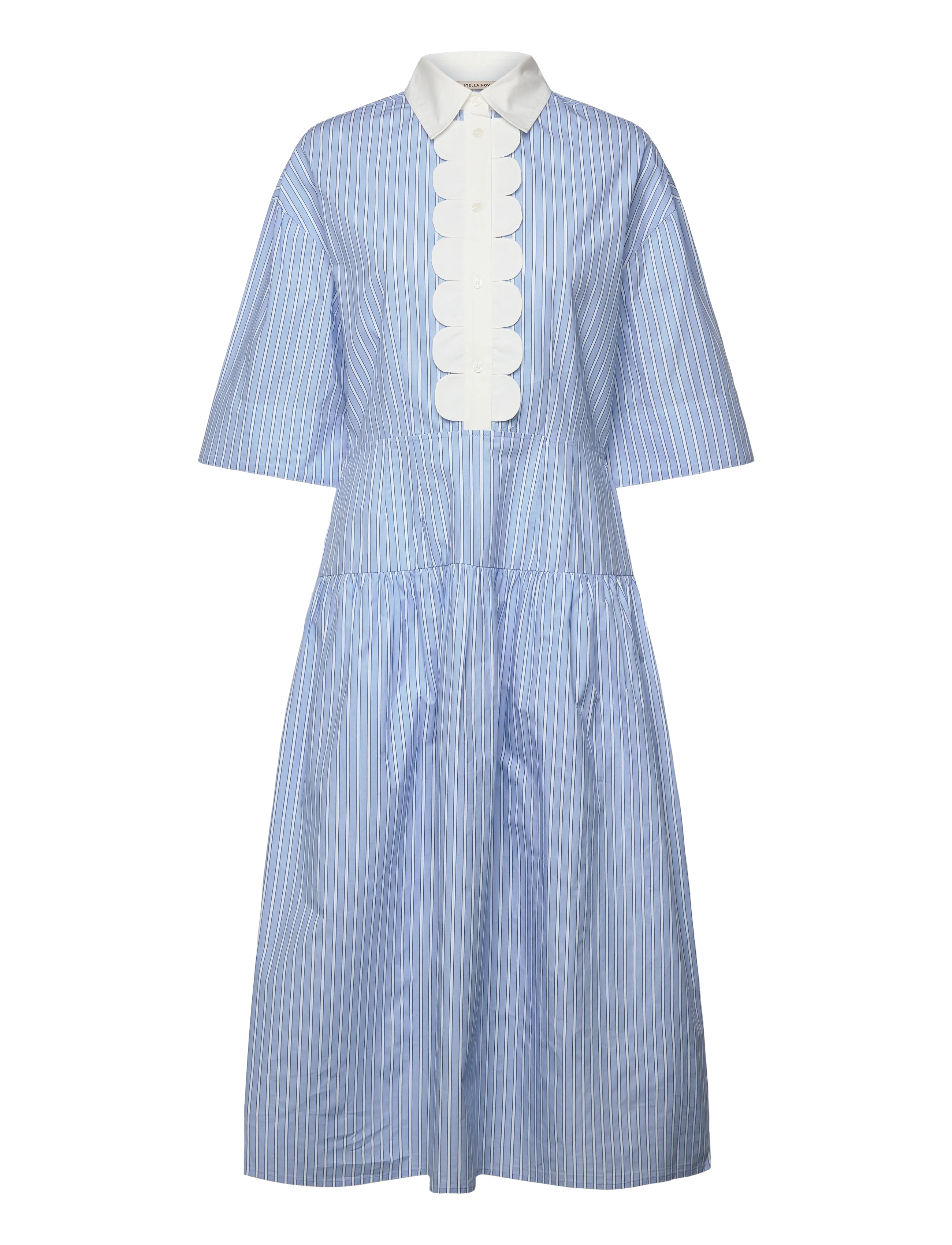 Striped Dress with Scallops - CREME BLUE STRIPES
