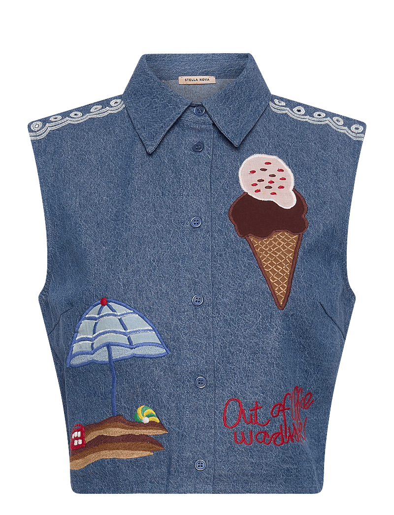 Stella Nova - Out Of Office Embroidered Top - denimveste - summer blue - 1