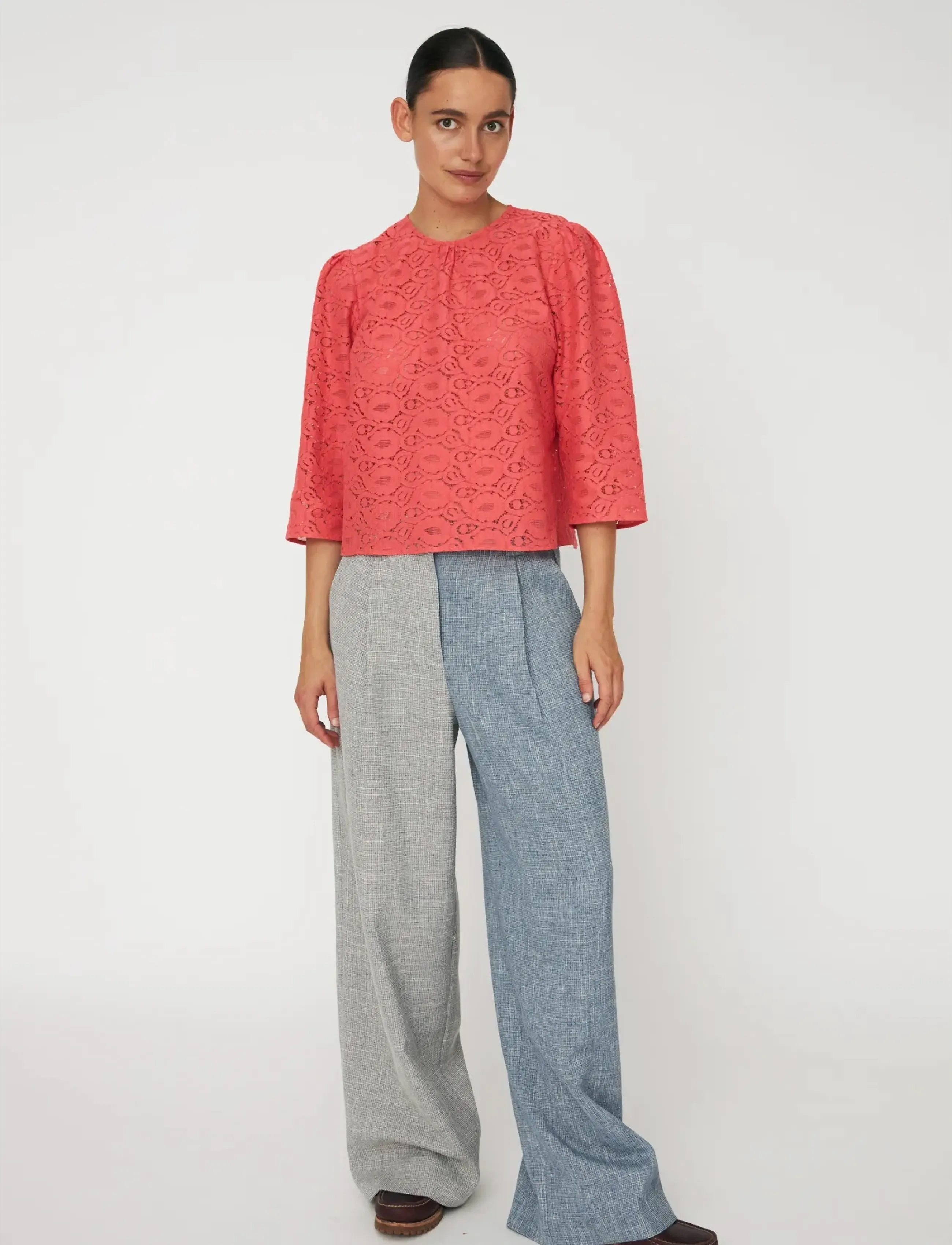 Stella Nova Cotton Lace Blouse, 40, Blouses, Koralle - Long-sleeved, Frauen