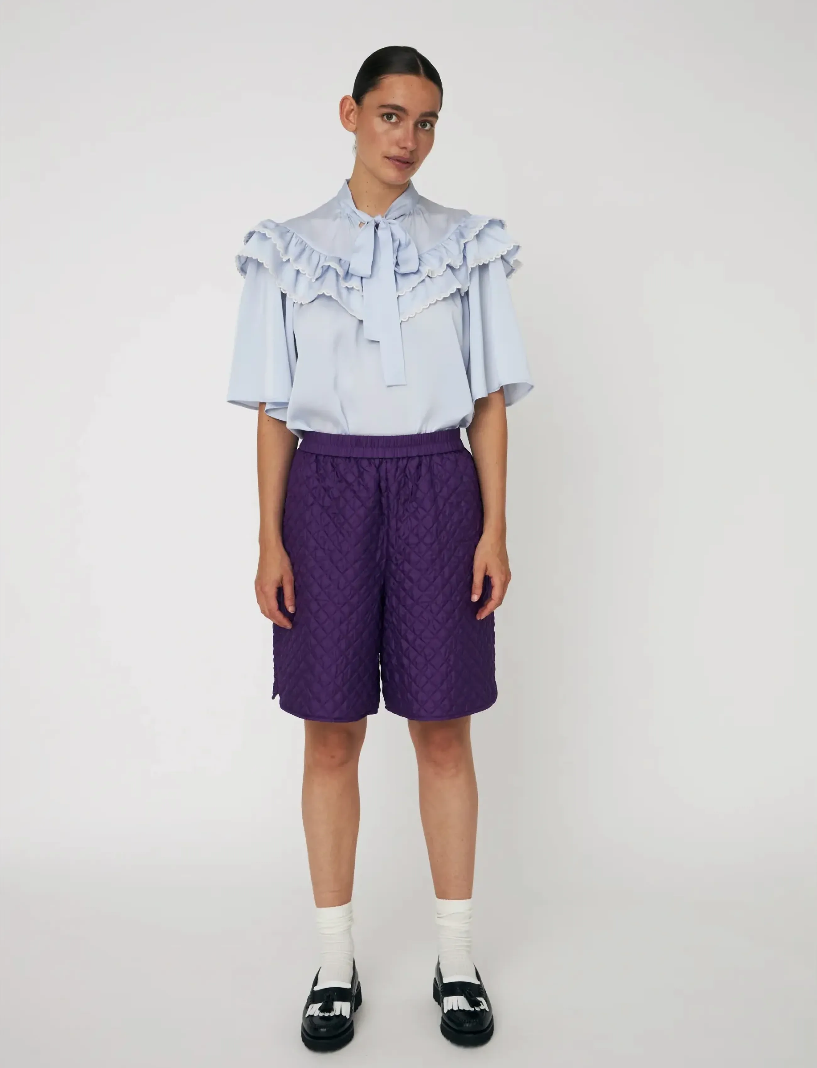 Stella Nova Loose Blouse with Frills - Lühikeste varrukatega pluusid - 307 DUST BLUE / blue