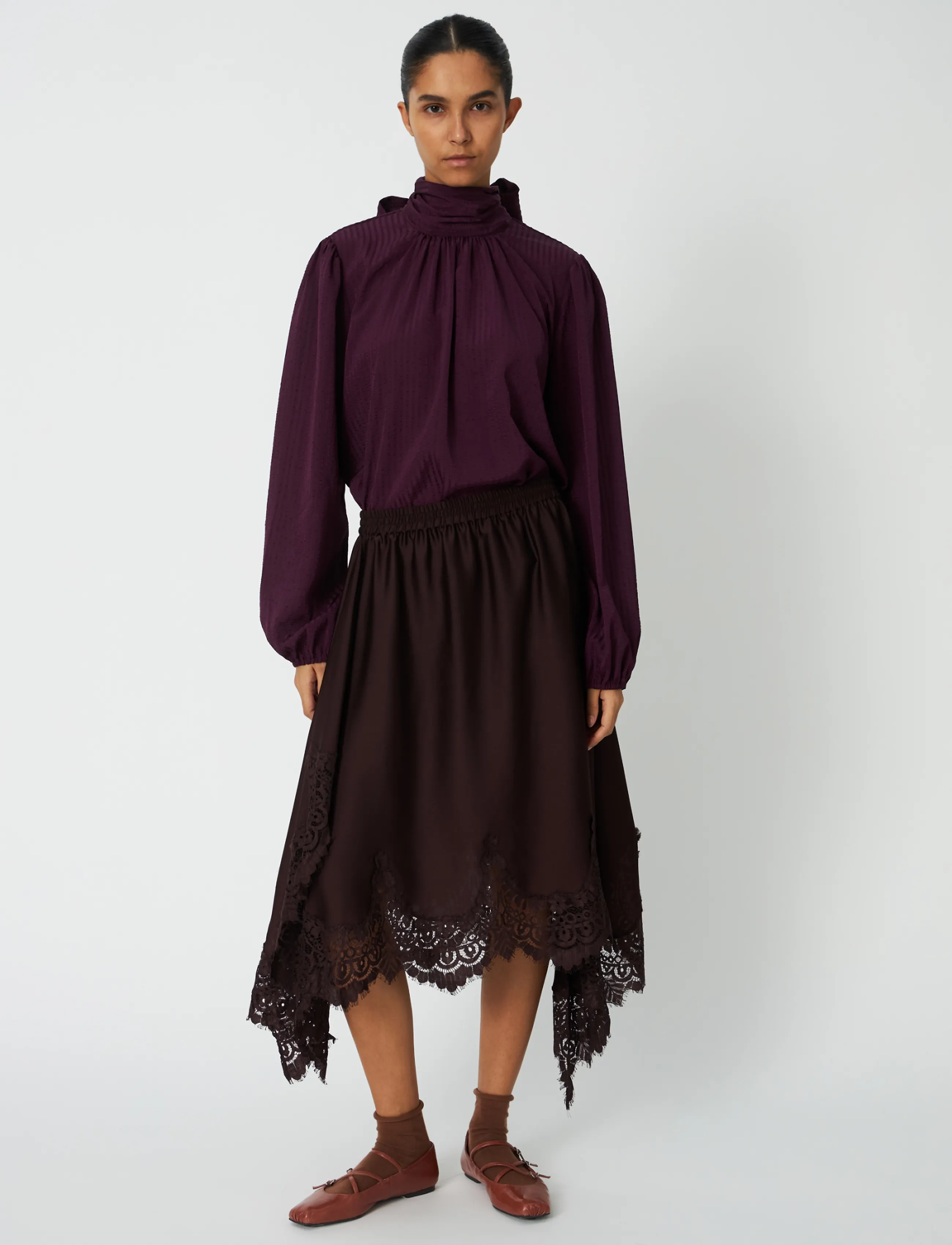 Stella Nova - Asymetric Lace Trimmed Skirt - midi-röcke - dark brown - 0