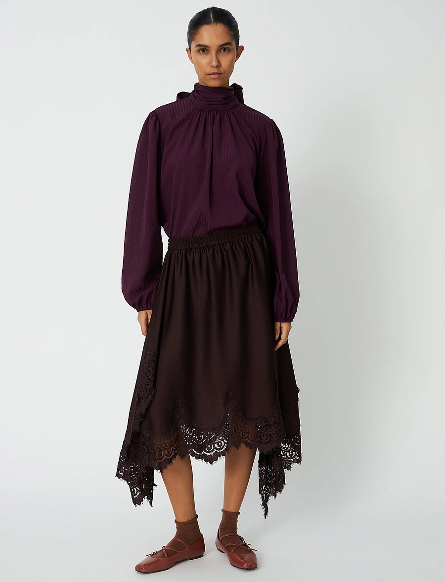 Stella Nova - Asymetric Lace Trimmed Skirt - midi-röcke - dark brown - 0