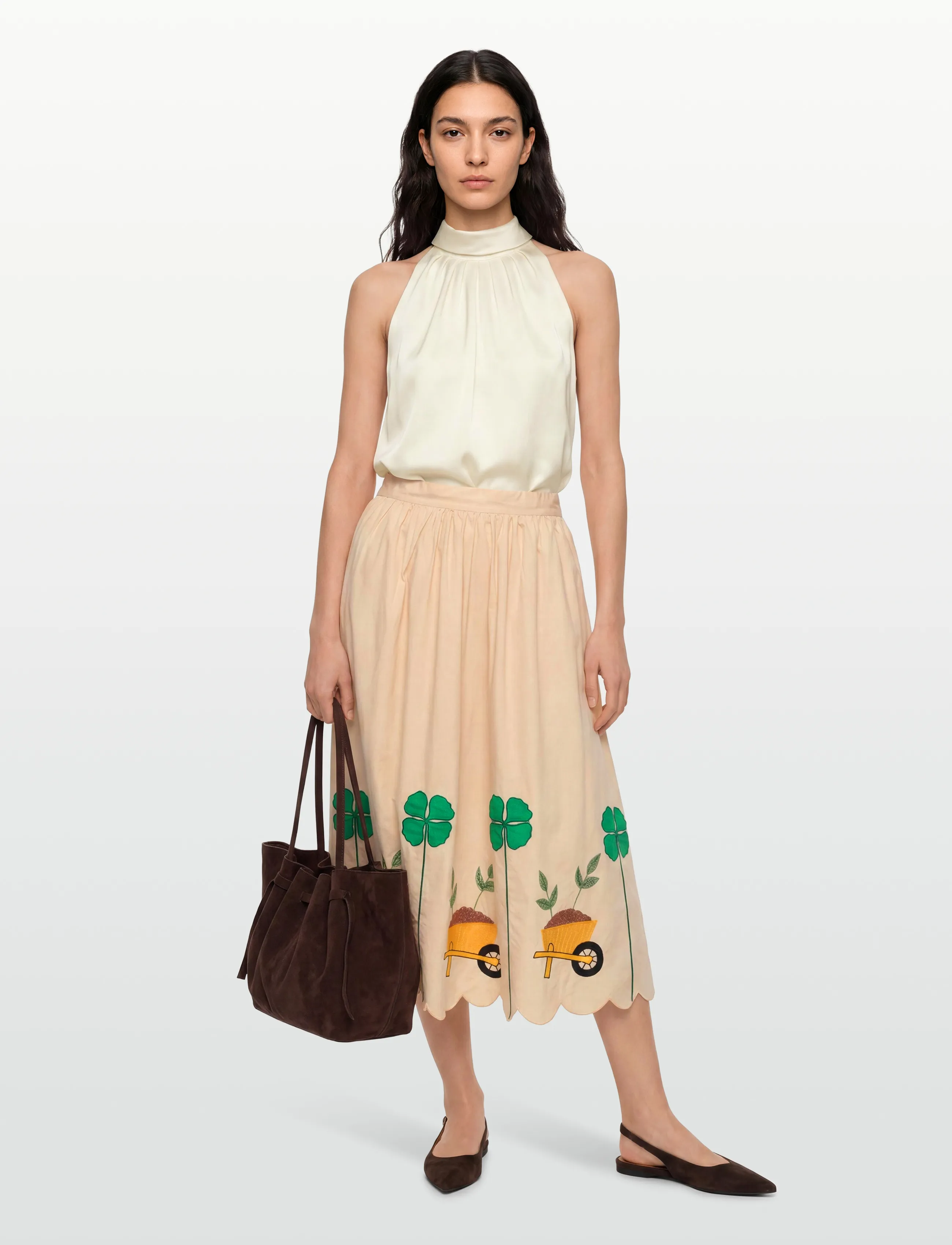 Stella Nova - Embroidered Midi skirt with Scallop - midi nederdele - ivory - 0