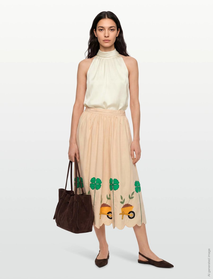 Stella Nova - Embroidered Midi skirt with Scallop - midi-röcke - ivory - 0