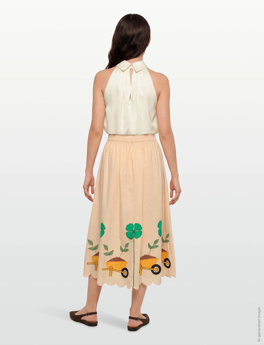 Stella Nova - Embroidered Midi skirt with Scallop - midi-röcke - ivory - 4