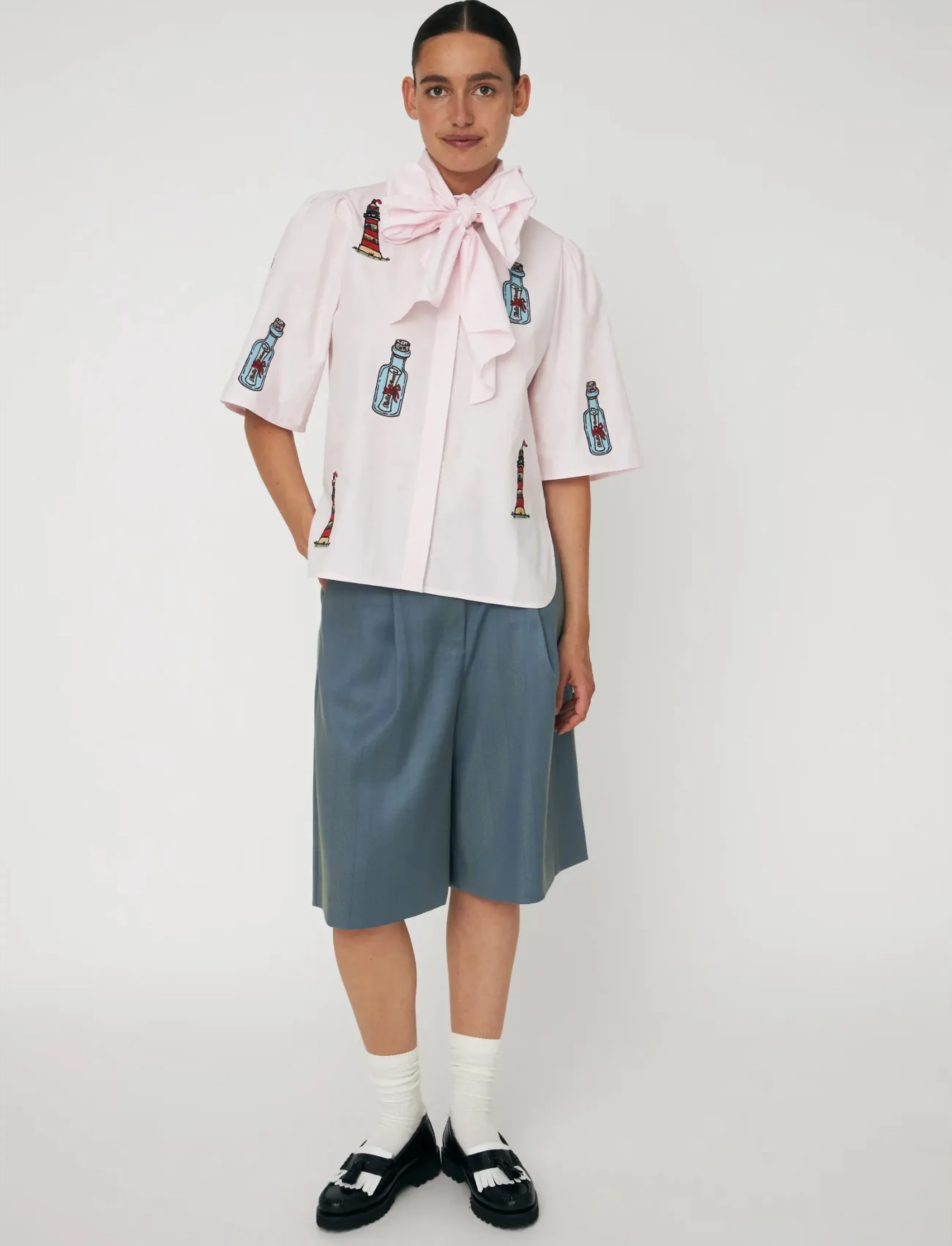Stella Nova Embroidered Bow Shirt, 36, Pink, Bluser > Kortærmede, Dame