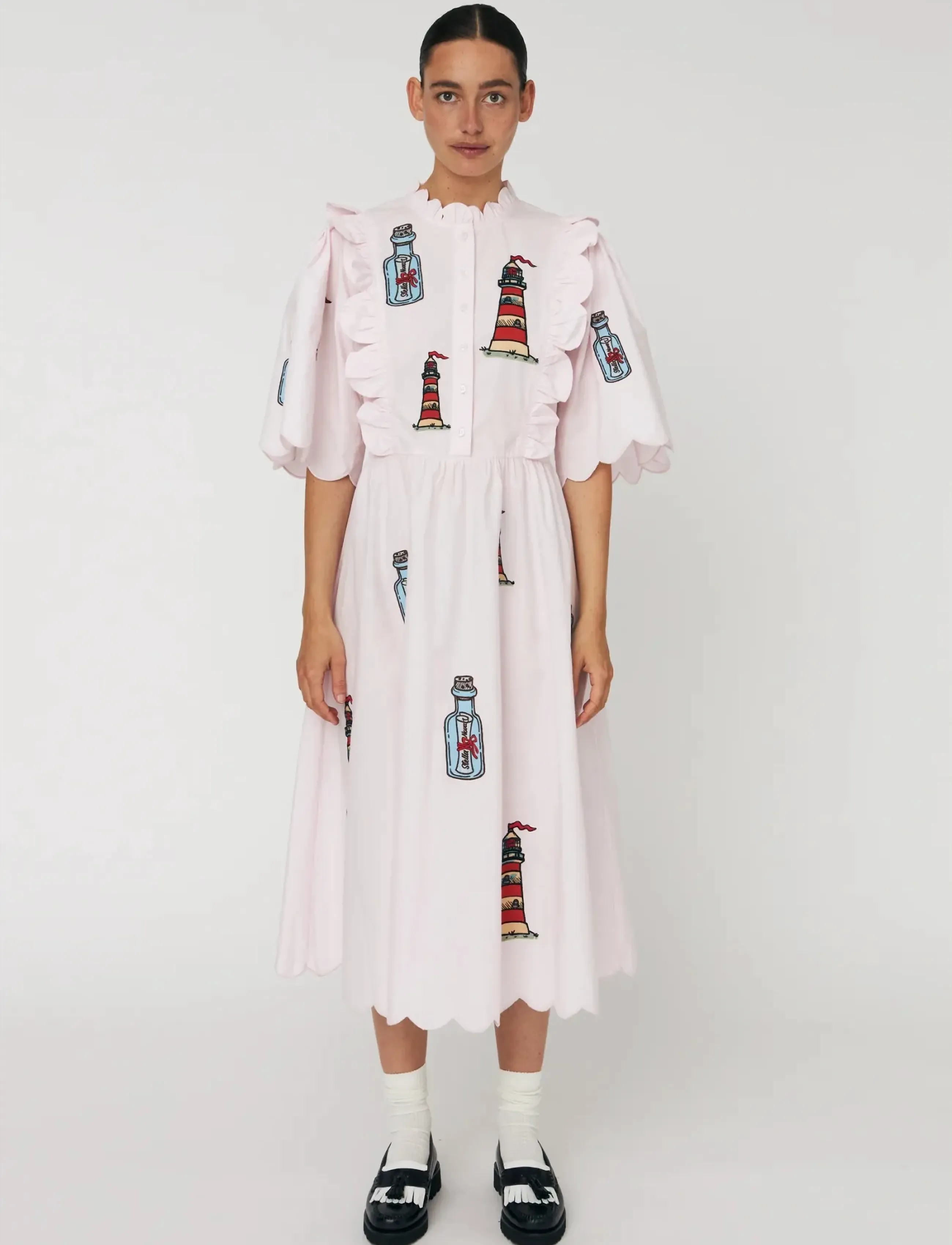 Stella Nova Embroidered Midi Dress With Scallops, 36, Dresses, Rosa - Knee-length & Midi, Frauen